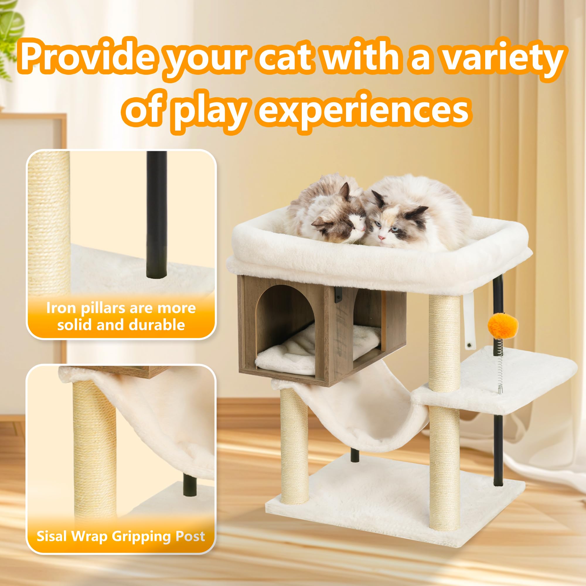 Heybly Cat Tree Tower, Wooden Cat Condo Cave For Indoor Kittens, Large Platform For Adult Cat, Big Padded Perch For Maine Coon,