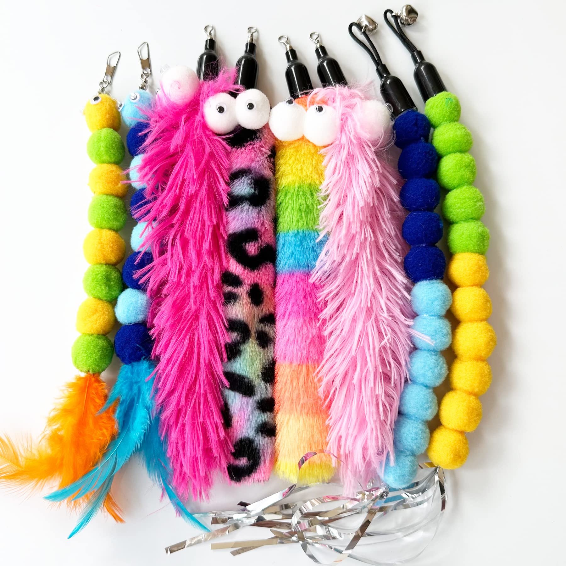 Cateneed Cat Wand Replacement Worm Cat Toys, 8 Pieces Cat Wand Attachments Assorted Worms Feather Refill Toy For Indoor Cats