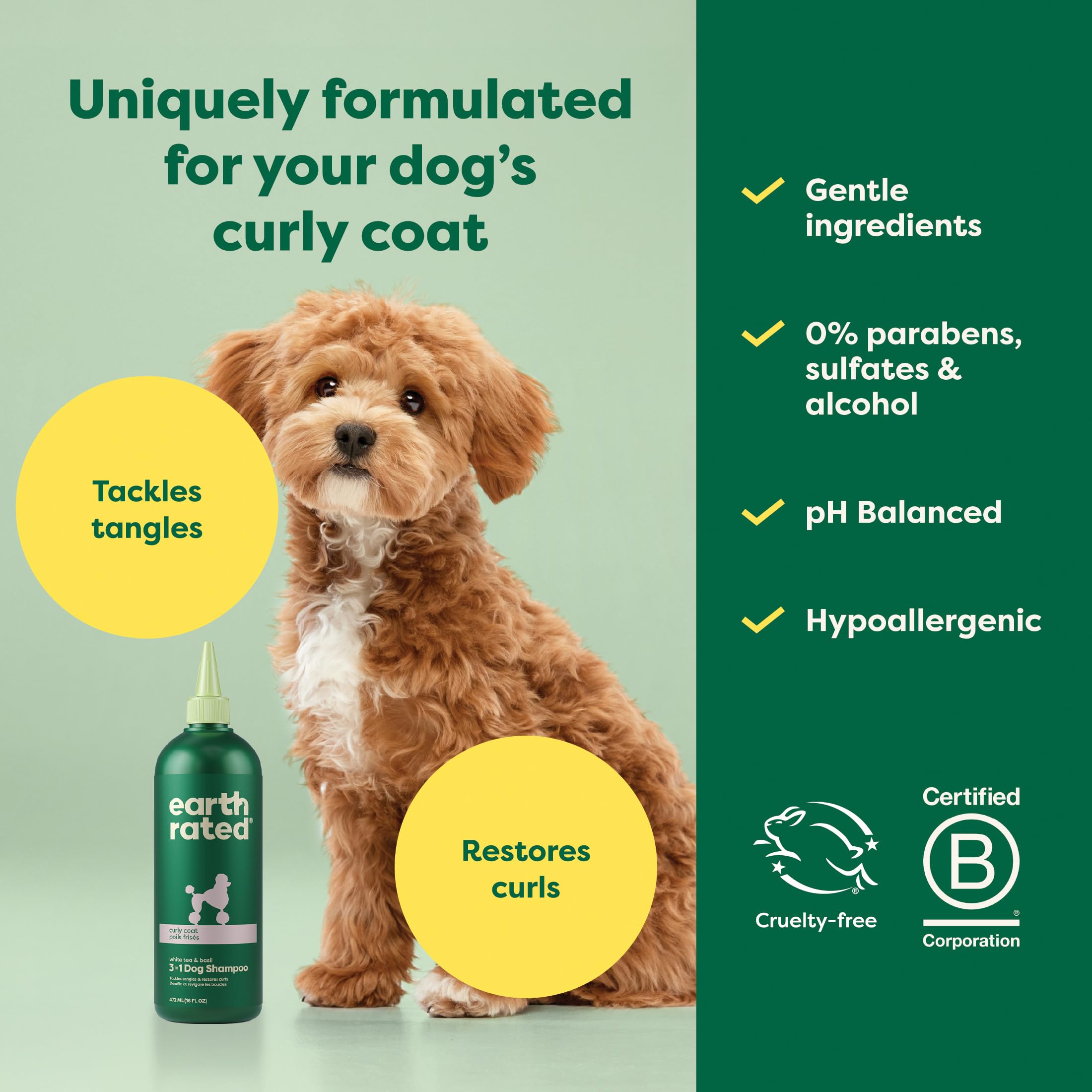 Earth Rated 3-In-1 Dog Shampoo, Conditioner And Deodorizer, For Curly-Coated Dogs And Puppies To Tackle Tangles And Restore Curls, Refreshing White Tea And Basil Scent, 16 Oz