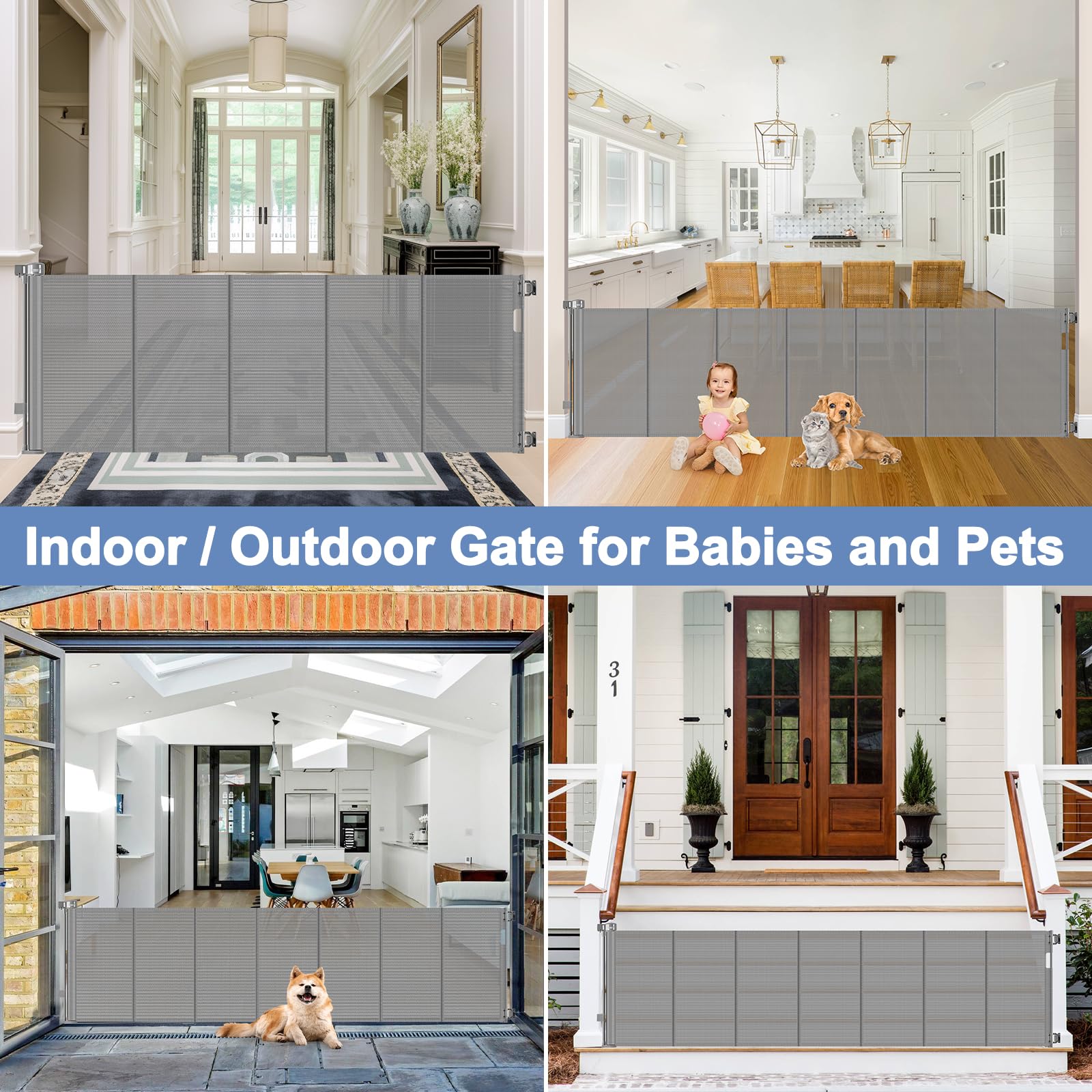 Reinforced 200 Inch Retractable Baby Gate Extra Long Baby Gates for Large Openings Bottom Anti-Crawl 16.7 Ft Outdoor Dog Gates f