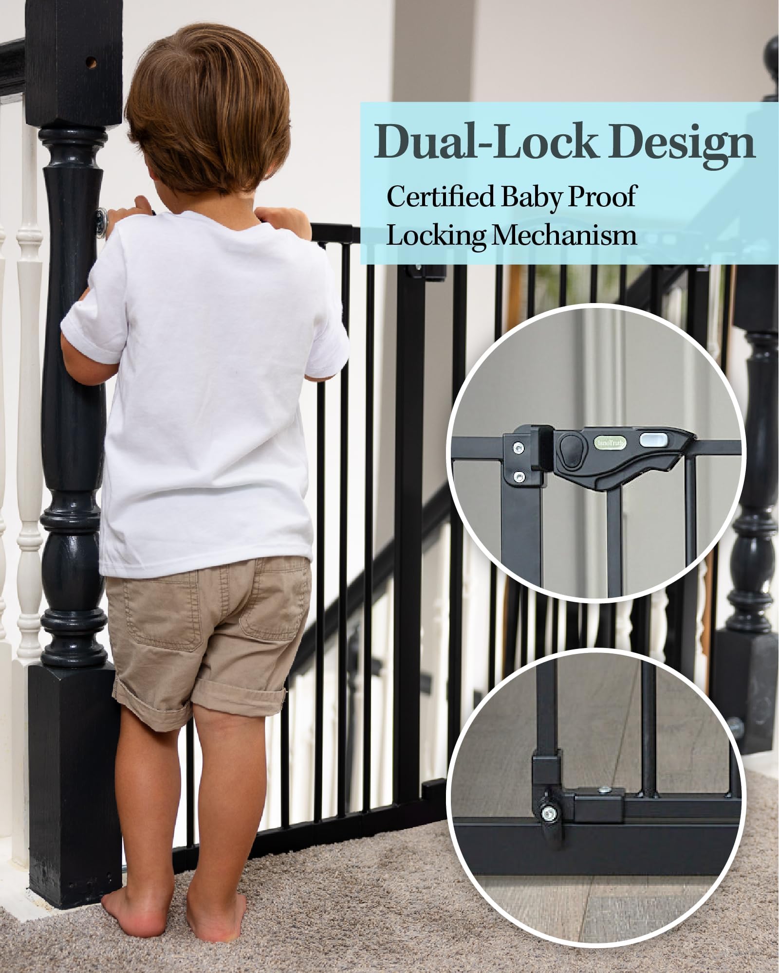 Innotruth 29-39.6” Baby Gate For Stairs & Doorways, 30' Tall Pressure Mount Pet Gates, Easy Step Auto Close Both Sides Walk Thru Child Gate, Dual-Lock Safety Design And One-Hand Operation, Black