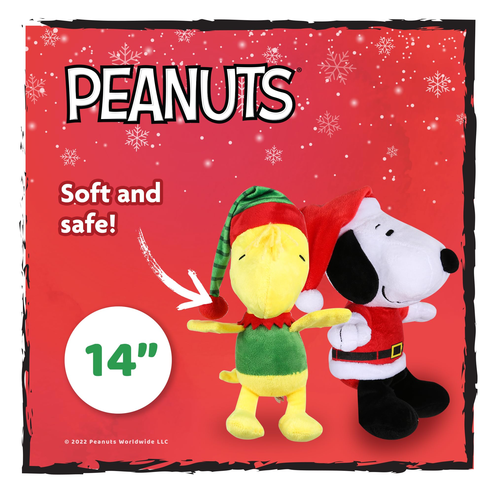 PEANUTS for Pets 9 Inch Holiday Snoopy & Woodstock Big Head Plush Dog Toys with Squeaker | 2 Piece Squeaky Dog Toy Set, Santa Sn