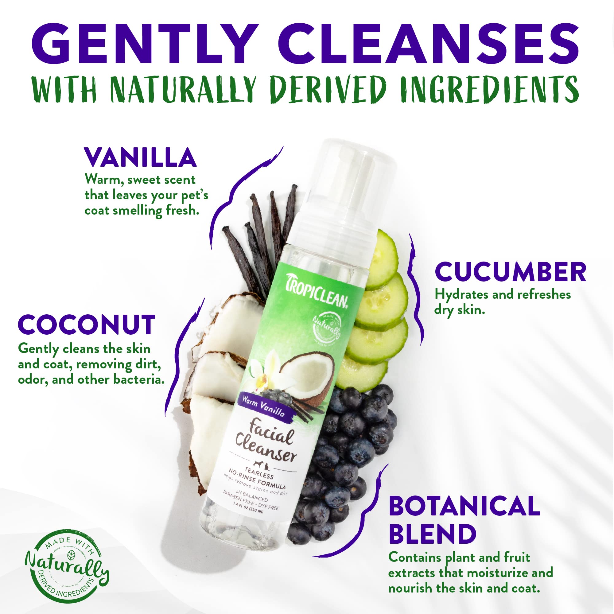 TropiClean Warm Vanilla Waterless Facial Cleanser for Dogs | Dog Foam Face Wash | Dog Face Wash Derived from Natural Ingredients