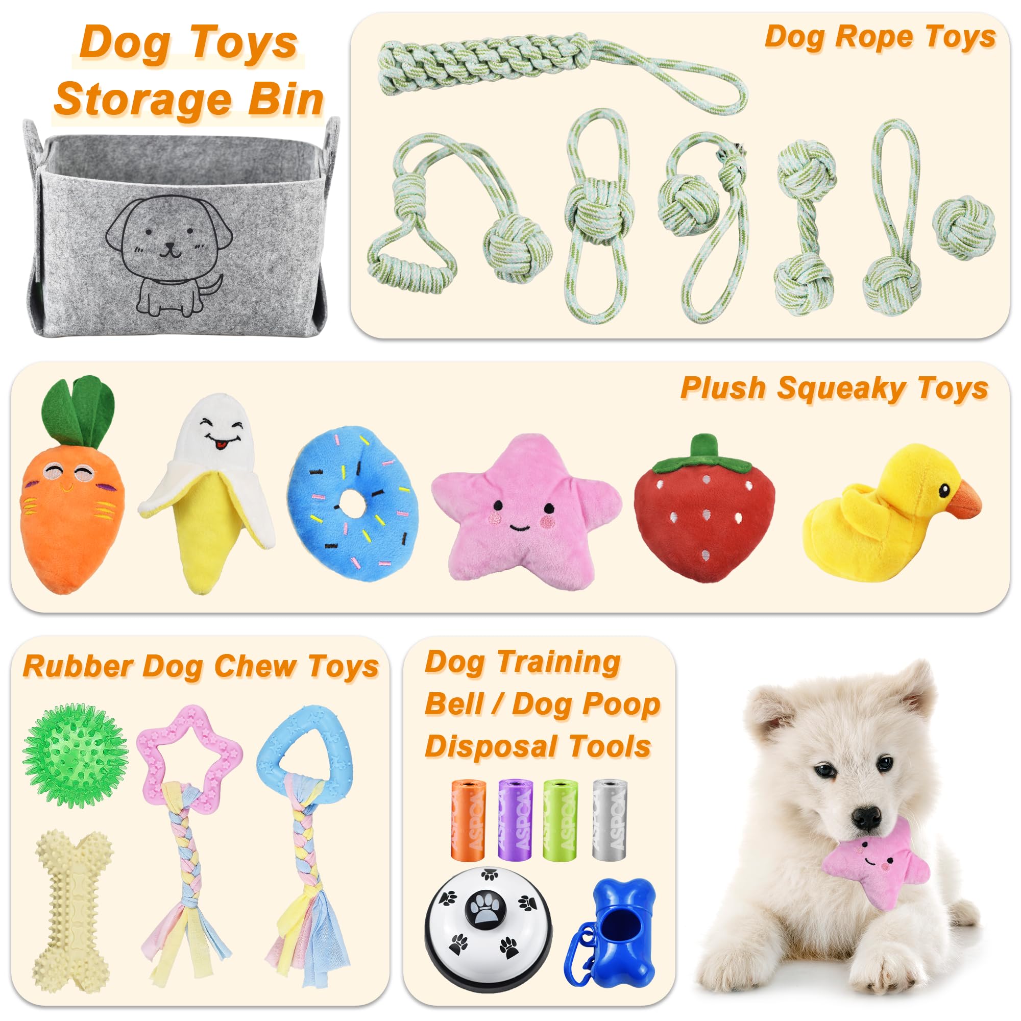 LECHONG 24 Pack Puppy Chew Toys, Dog Teething Toys with Storage Bin, Dog Rope Toys and Squeaky Toys for Boredom, Interactive Dog