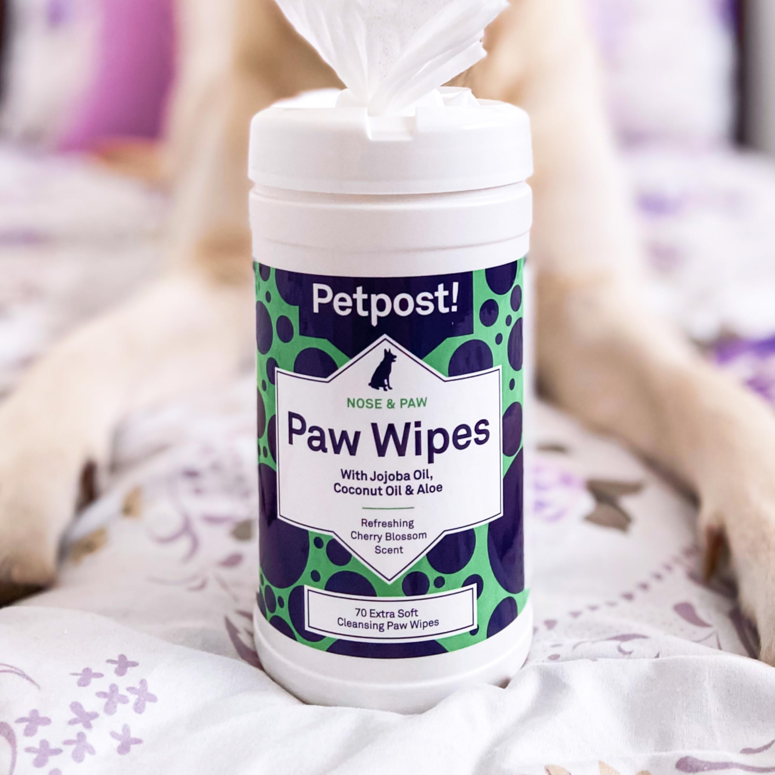 Petpost | Paw Wipes For Dogs - Nourishing, Revitalizing Dog Paw Cleaner With Coconut Oil, Jojoba Oil, And Aloe - Ultra Soft Cotton Pads - Cherry Blossom Scent 70 Ct.