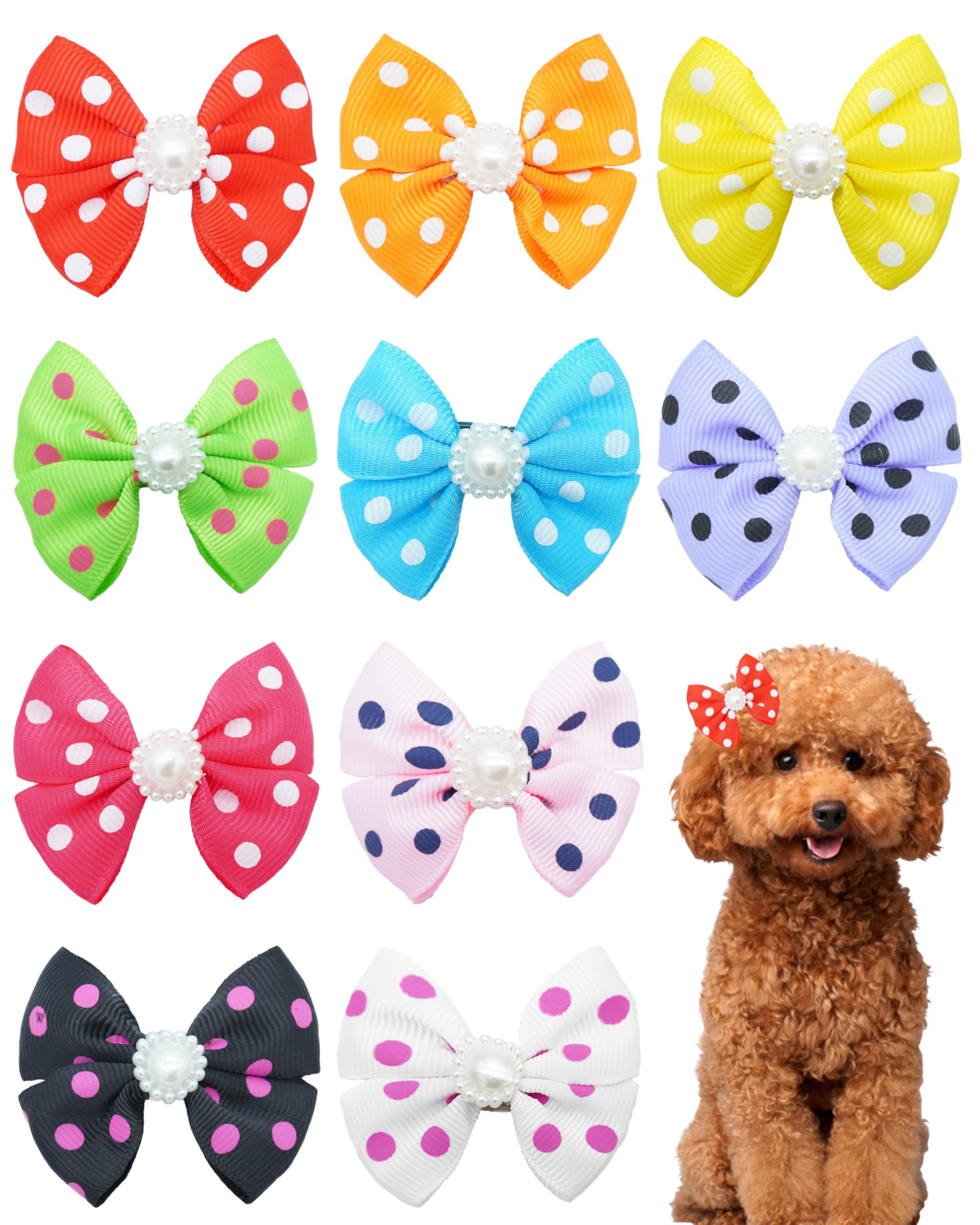 Pet Show 10Pcs 2' Dot Small Dogs Hair Bows With French Clips Yorkie Bowknot Barrette Clips For Medium Dogs Pet Topknot Cat Grooming Hair Accessories