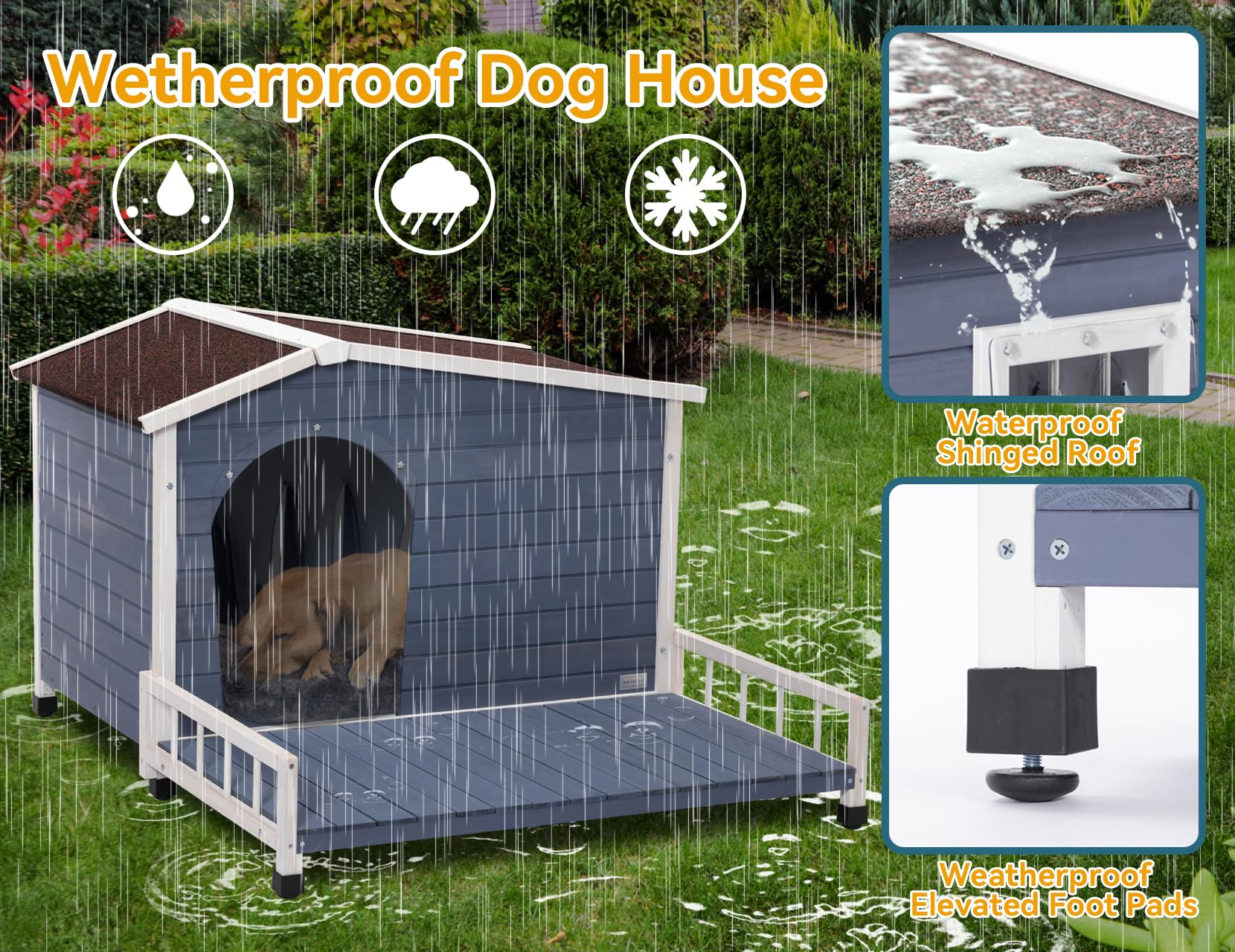 Petsfit Large Dog House With Terrace & Openable Asphalt Roof, 45' L X 54' W X33 H, Xl Dog House Outdoor With Elevated Floor, Window & Door Flap, Outdoor Dog House For Large Dogs