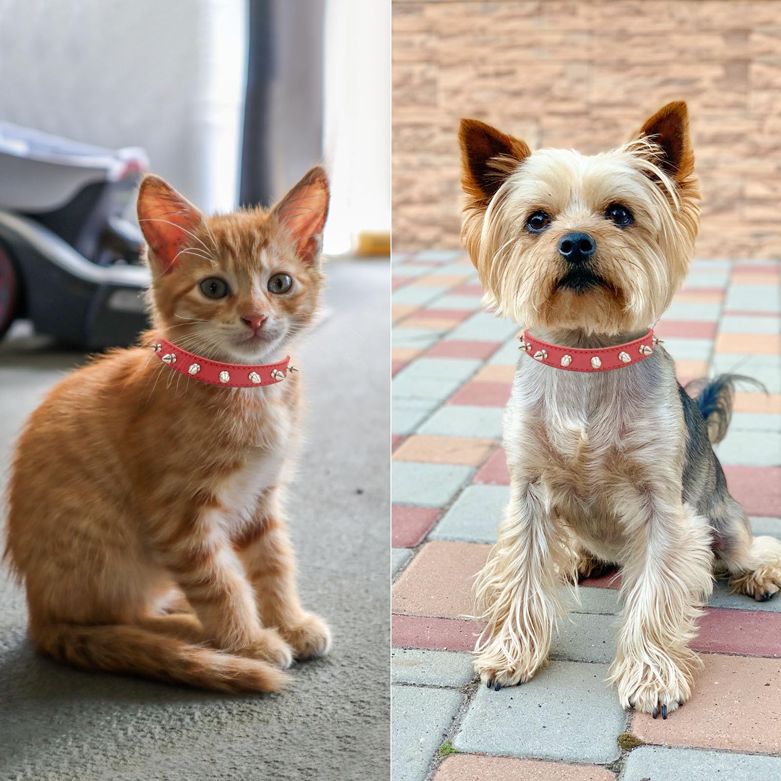Enjoying Spiked Cat Collar, Leather Spikes Dog Collars For Cats Small Dogs, Adjustable Pet Collar With Rings, Red Xs