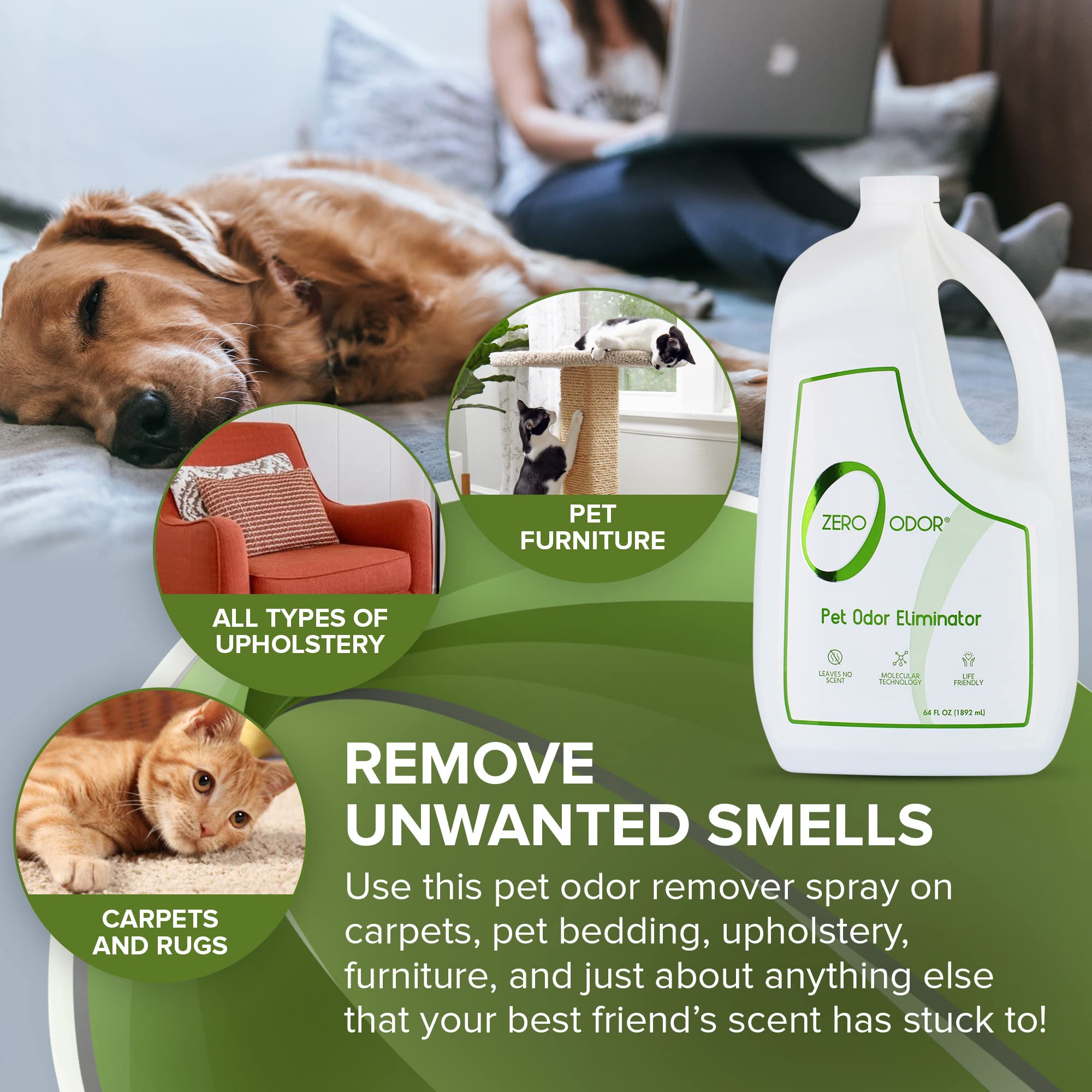 Zero Odor - Pet Odor Eliminator - Air & Surface Odor - Patented Molecular Technology Best For Carpet, Furniture, Pet Bed - Smell