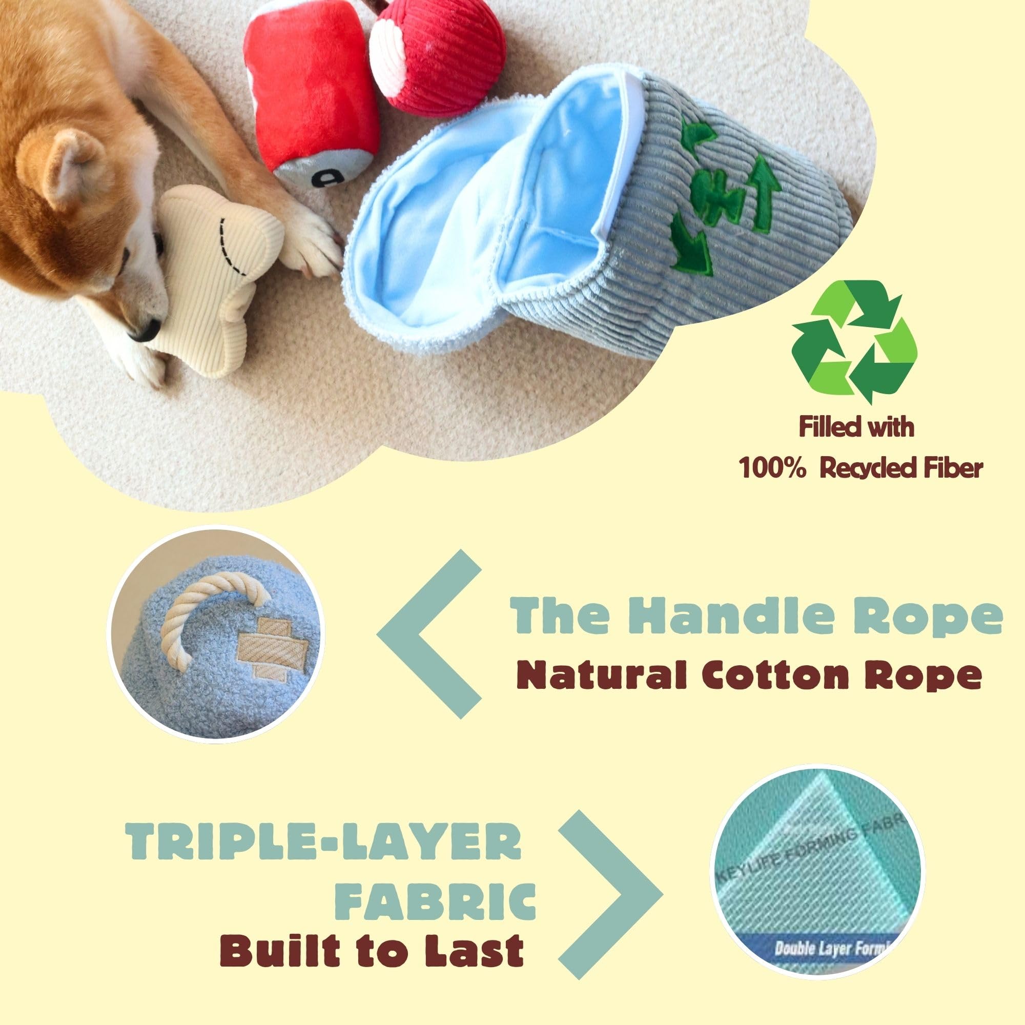 Pawfoo Lab Dog Puzzle Toy - Interactive Snuffle Trash Can, 4-in-1 Chew Toy, Durable Cotton, Squeaky & Crinkle Sounds, for Small to Large Dogs