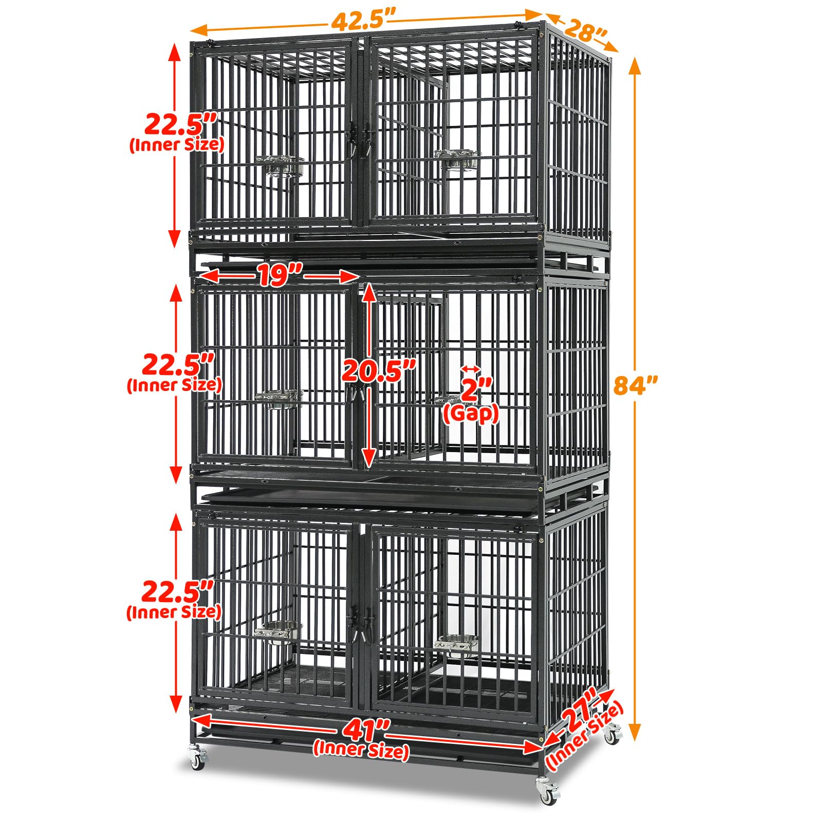 Homey Pet 4 Pack Three Tiers 43 inch Dog Crate with Wheels, Stackable Heavy Duty Indestructible Steel Dog Cage Kennel Indoor wit