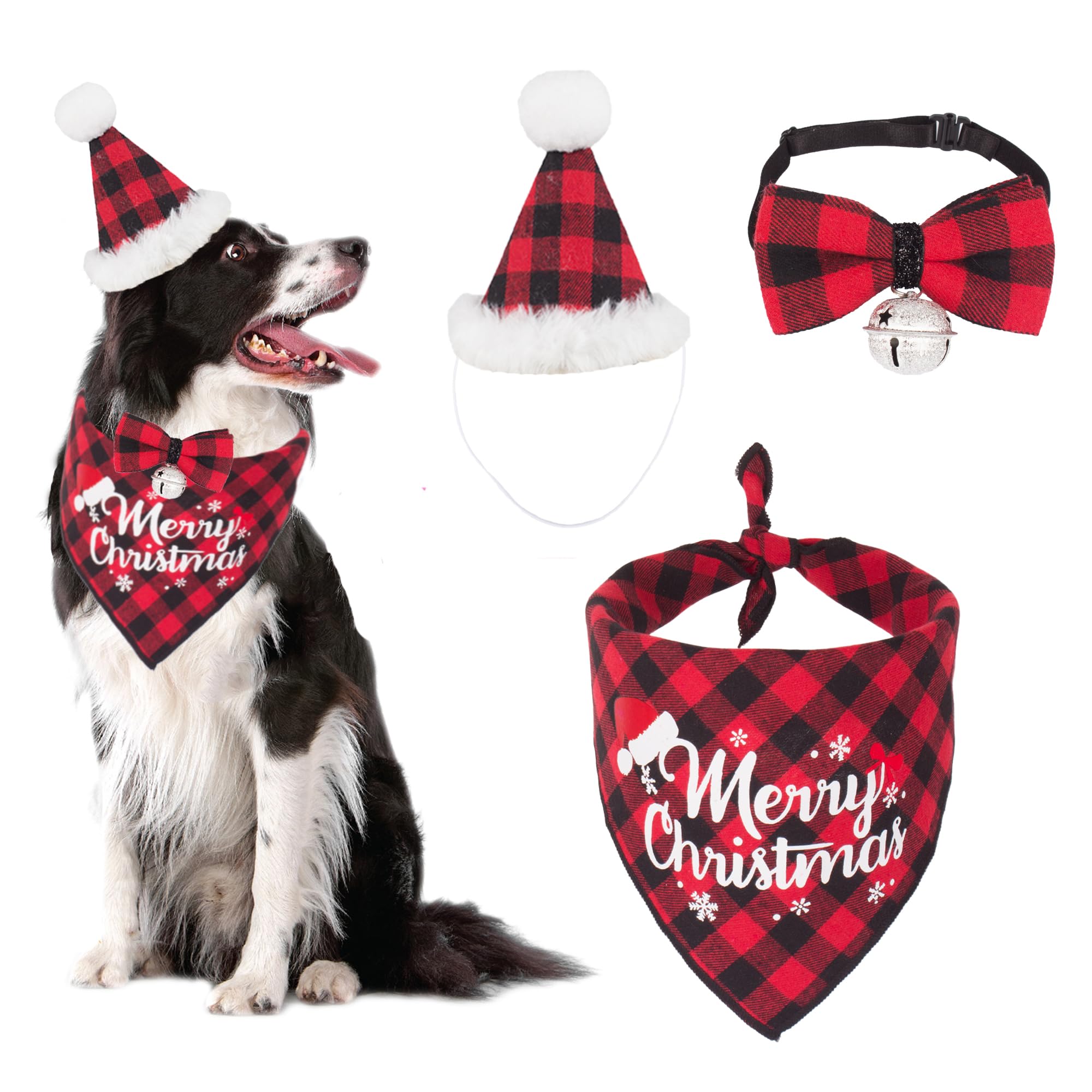 Adoggygo Christmas Dog Bandana Hat Bowtie, Red Plaid Dog Christma Bandana Scarf Pet Xmas Outfit Costume Accessories For Medium Large Dogs (Large)