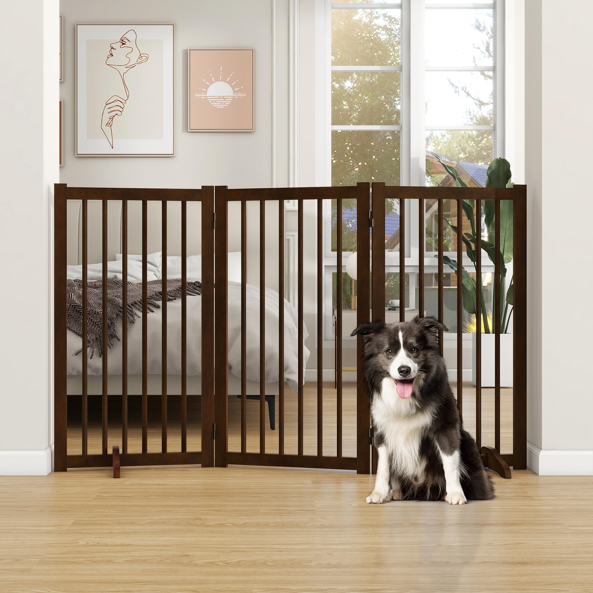 36 H Freestanding Pet Gate, Solid Wood Foldable Dog Gate with Support Feet, Wooden Tall Dog Gate for Doorway, Stairs & Indoor Us