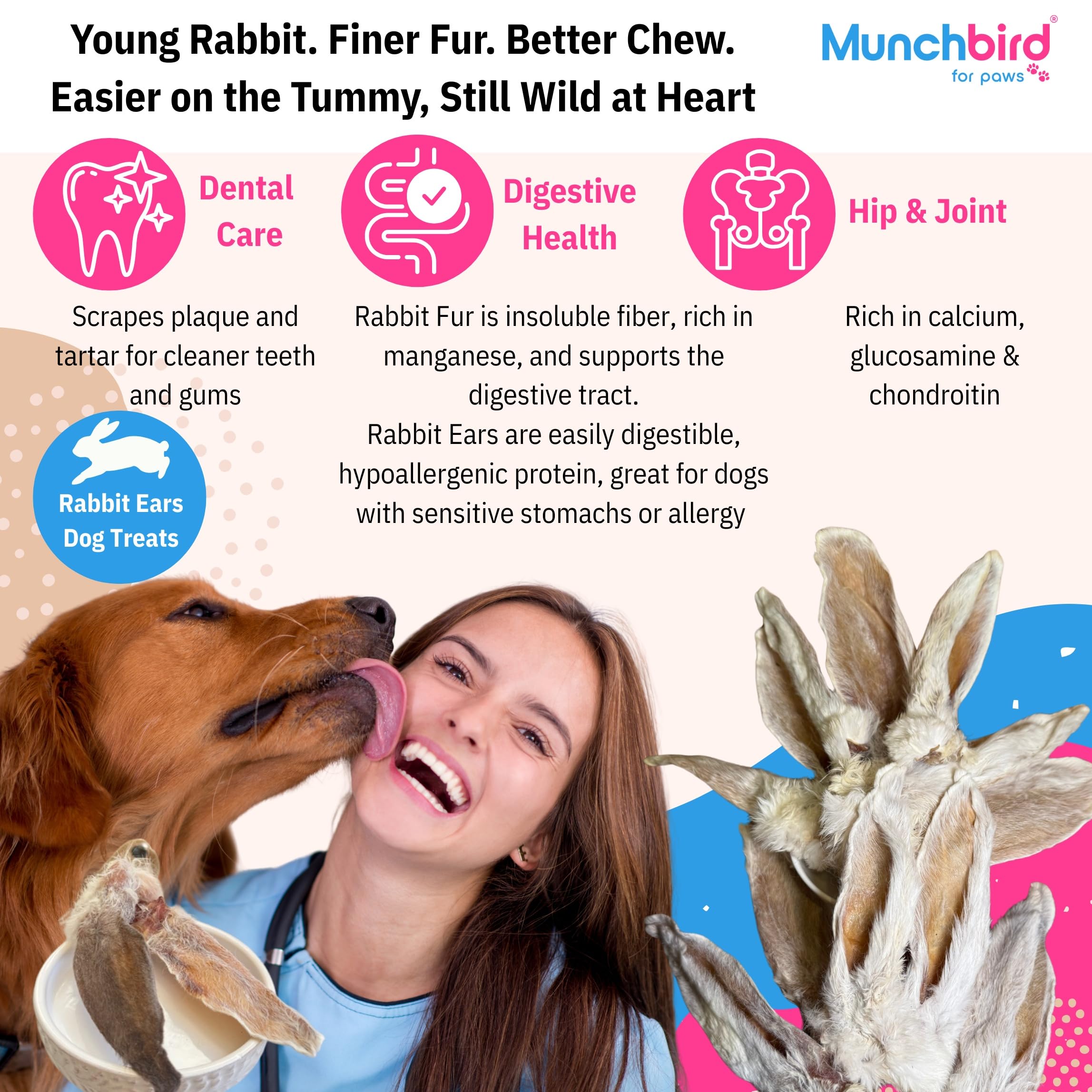 Munchbird Dehydrated Rabbit Ears 100g (3.5 oz) 12-15 pcs for Dogs, European Furry Rabbit Ear Natural Fiber for Pets, Rawhide Fre
