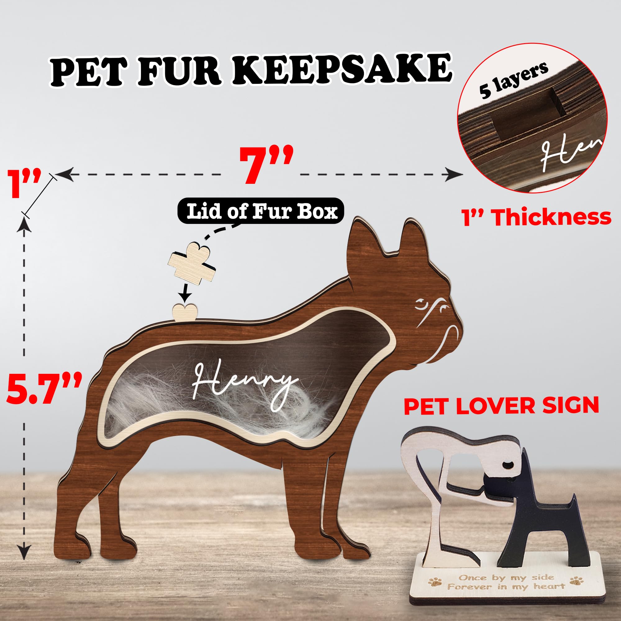 French Bulldog Dog Hair Keepsake Box Wooden Pet Fur Gifts For Dog Cat Unique Dog Shape Standable Tabletop Decor Pet Dog Memorial