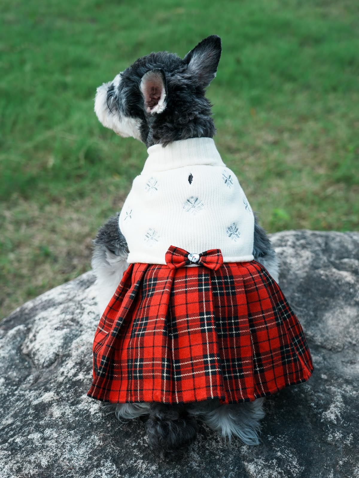 Lanyarco White Embroidery Snowflake Ugly Vintage Knit Reindeer Holiday Festive Christmas Dog Sweater Dress For Small Dogs, Small