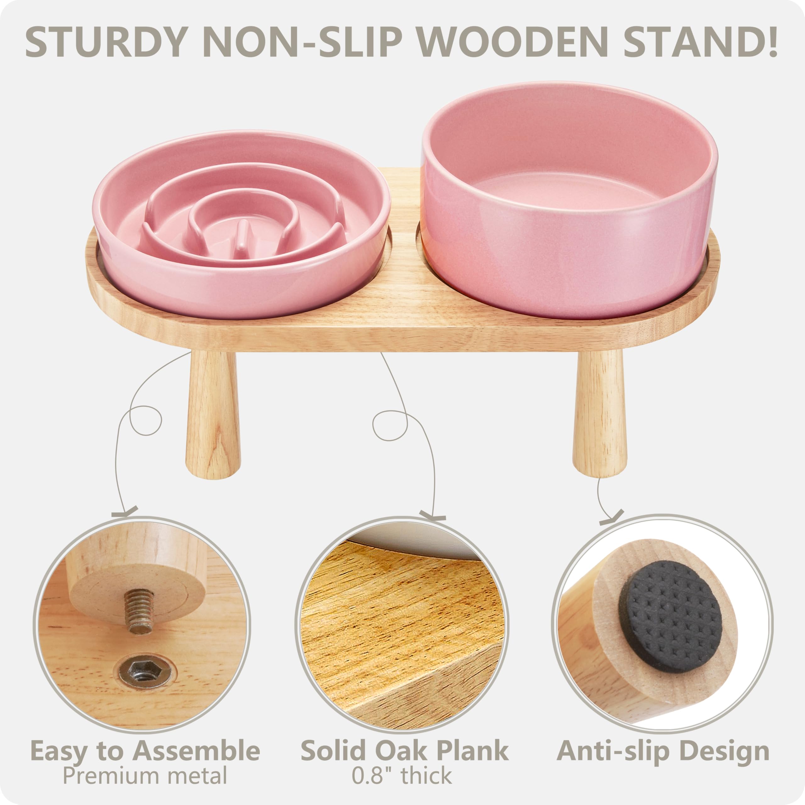 MOPANG Ceramic Slow Feeder and Water Bowl Set for Small Dogs, Ceramic Dog Bowls Elevated with Wooden Stand, 0.6 Cups Dog Slow Fe