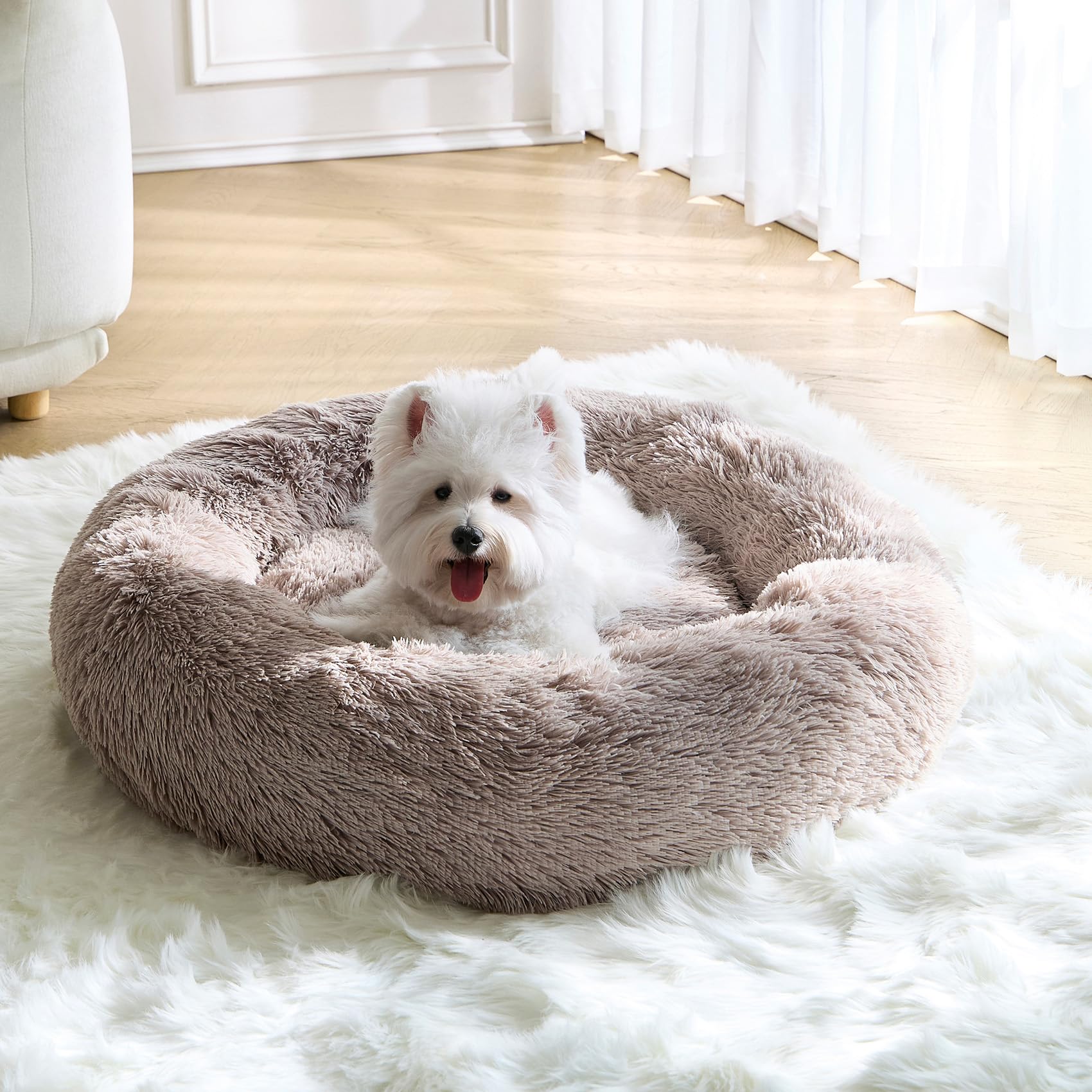 Calming Small Dog Bed,Donut Fluffy Anti-Anxiety Round Washable Cute Bed, Plush Cozy Cuddler Warming Soft Comfort Pet Bed For Sma