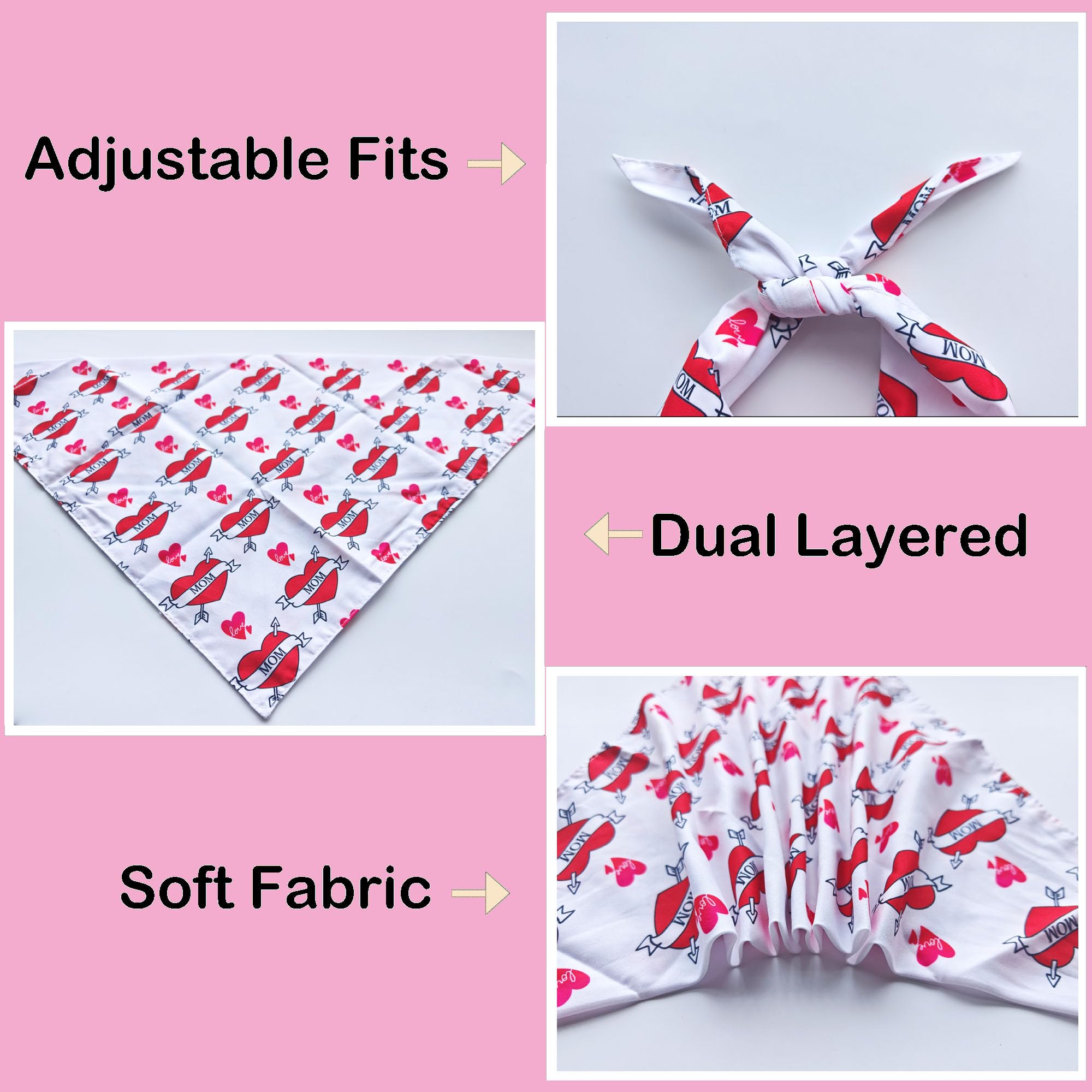 Mother'S Day Dog Bandanas Mom Heart Reversible Pet Scarf 2 Pack Happy Mama'S Girl Puppy Pink Dog Kerchief