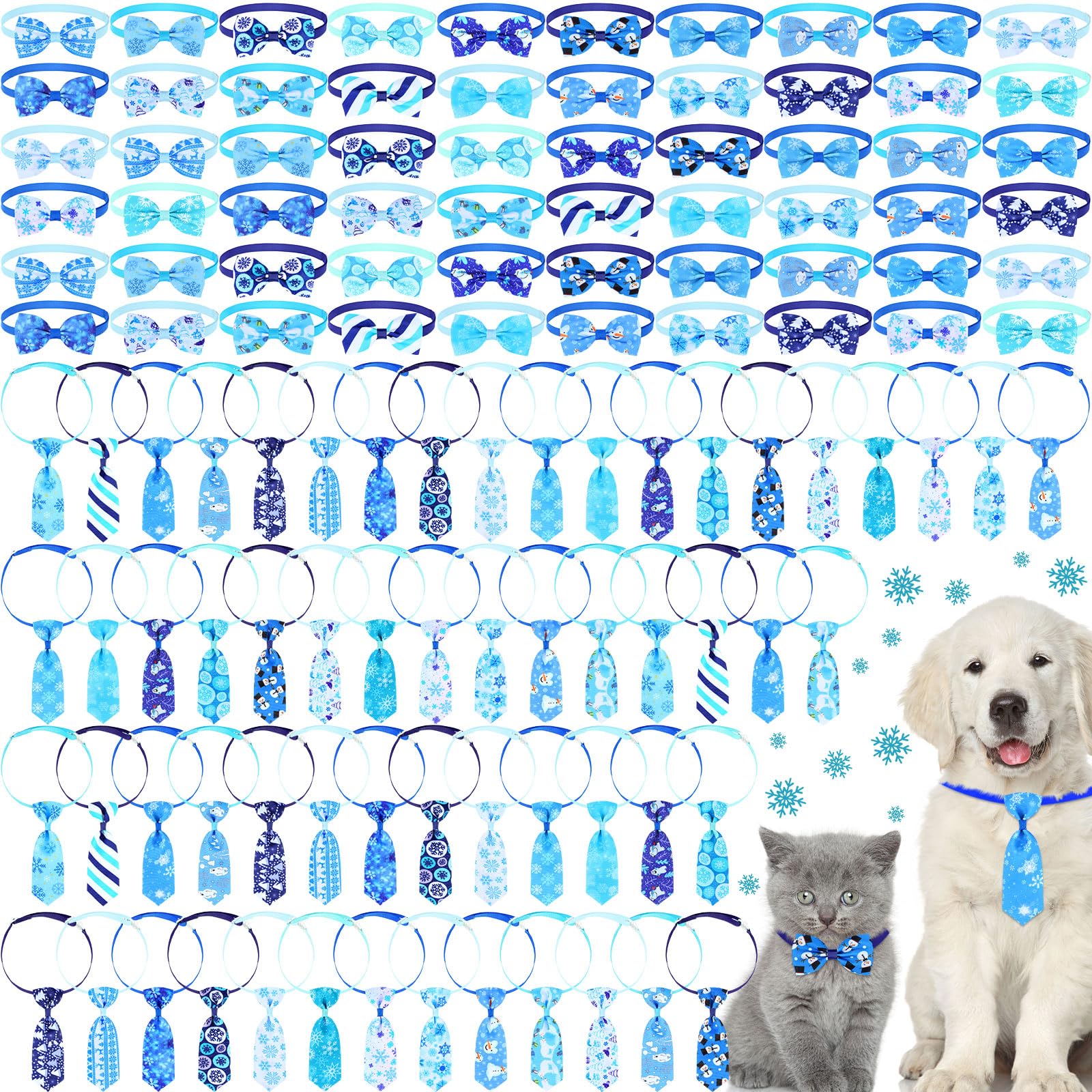 Eccliy 120 Pcs Winter Dog Bow Ties Collars Bulk Snowflake Dog Neckties Adjustable Pet Hair Accessories Cute Cat Basic Bow Tie Wi