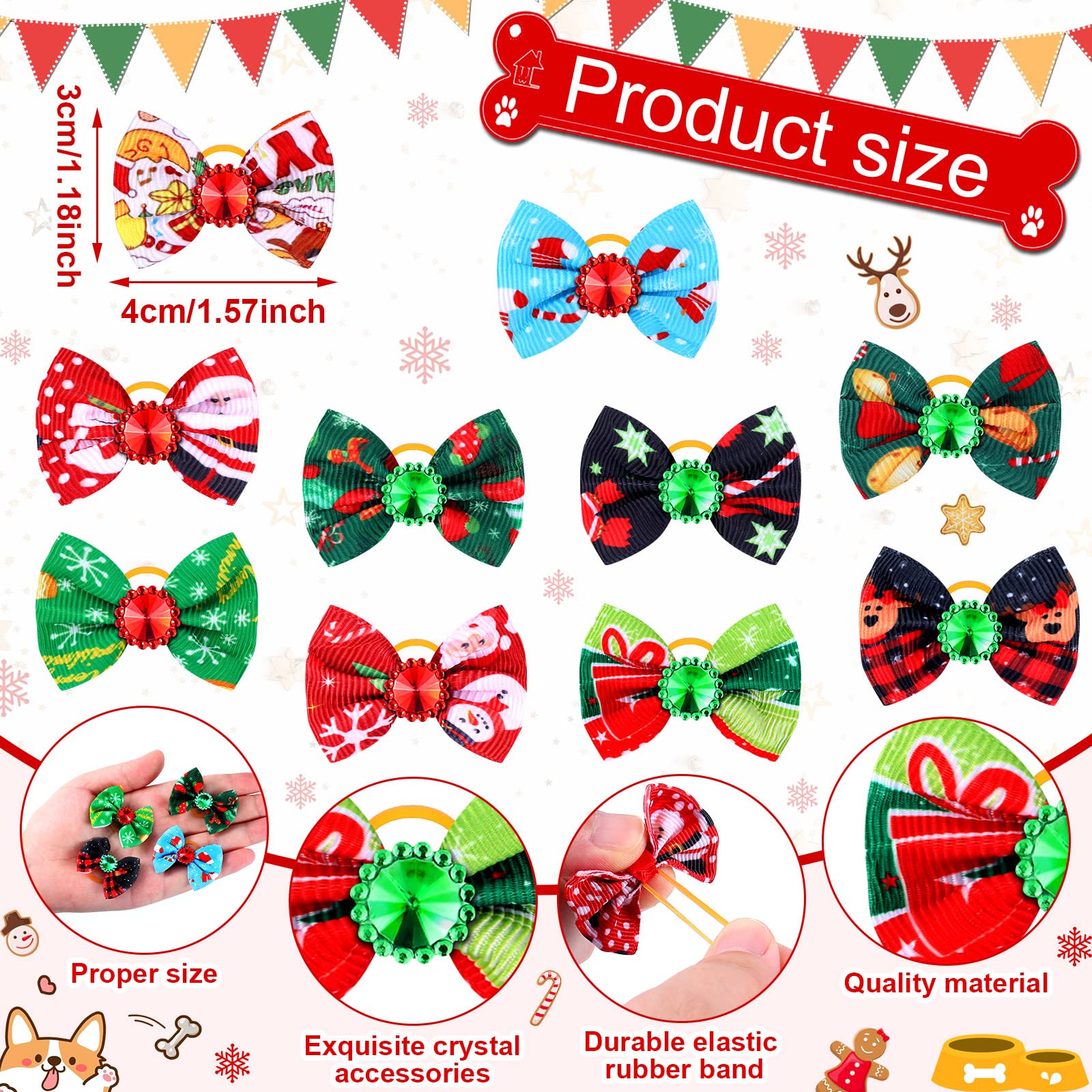 Tondiamo 100 Pack Christmas Dog Bows For Dogs Christmas Hair Bows With Rubber Bands Puppy Hair Bows Rhinestone Dog Bows Grooming