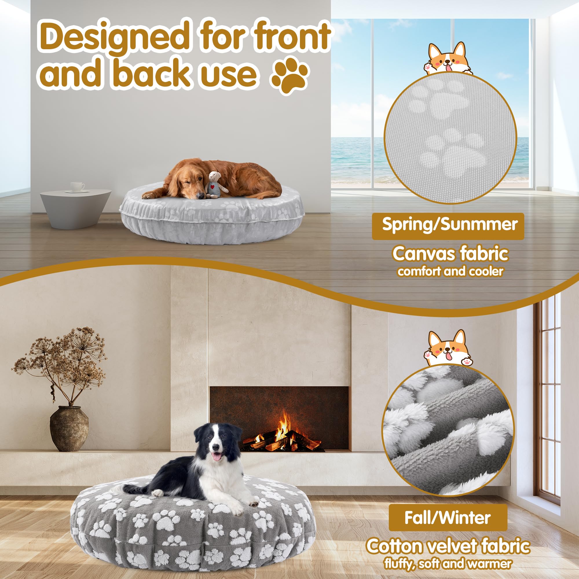 Balapet Washable Dog Bed Covers Replacement Round Waterproof Bed Cover For Dog Soft Pet Bed Cover With Lovely Dog Paw Print And