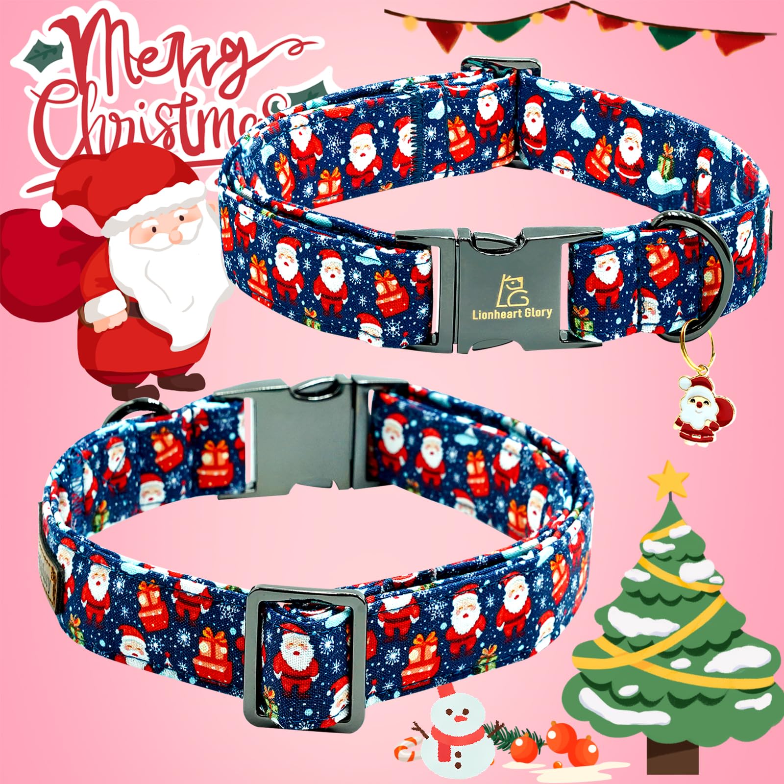 Lionheart Glory Christmas Dog Collar Santa Print Collars Soft Durable Adjustable Dog Collars For Medium Dogs Pet Gift Female Or