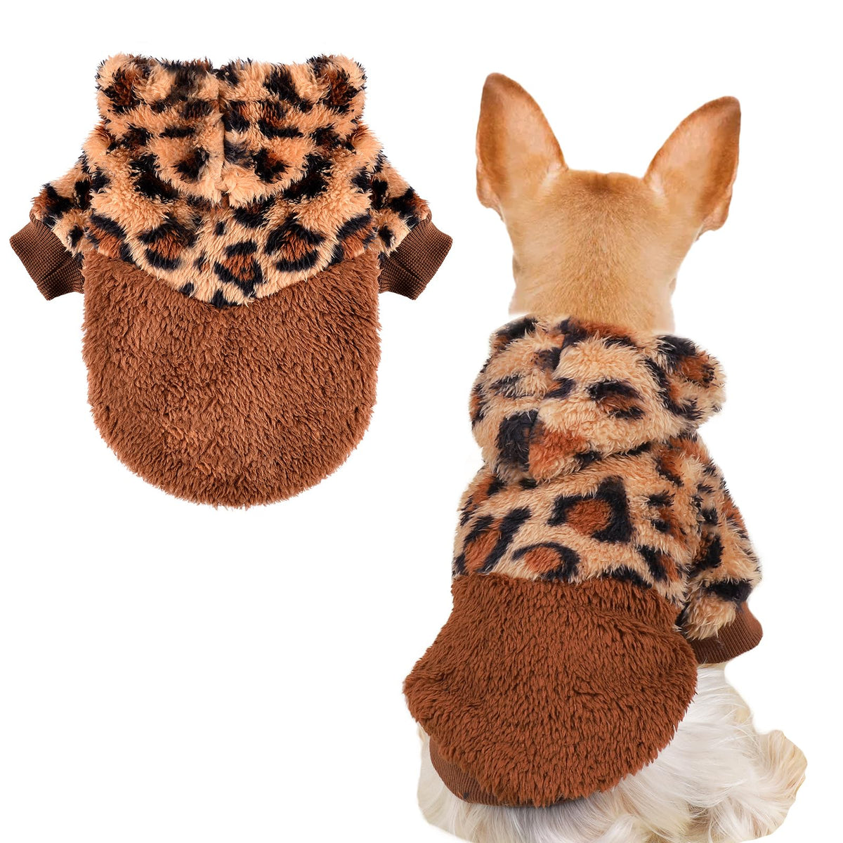 Dog Hoodie, Dog Sweaters For Small Dogs, Fleece Dog Clothes, Cute Warm Puppy Chihuahua Sweater, Pet Doggie Sweater For Yorkie Teacup, Cat Apparel (Leopard, Small)