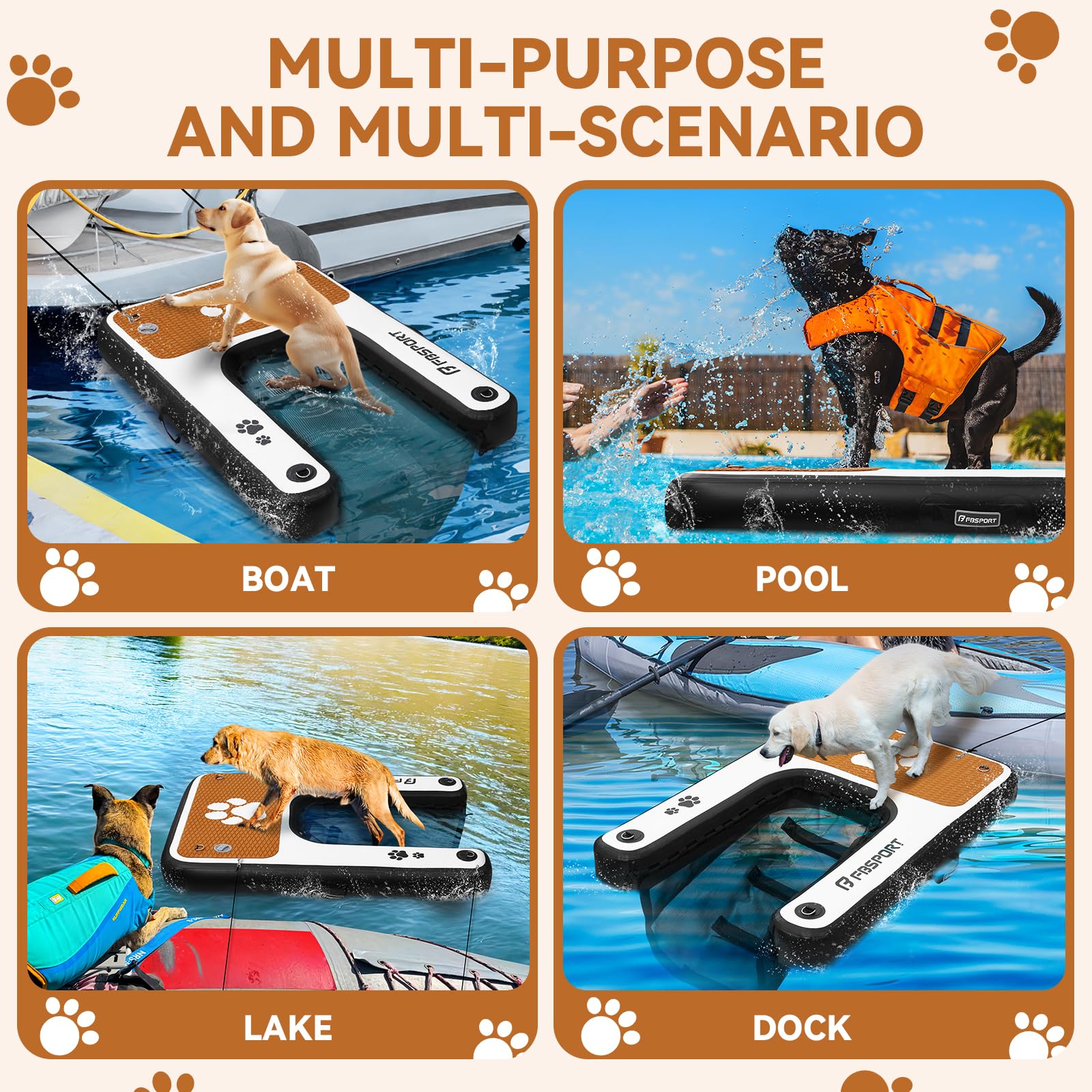 FBSPORT Inflatable Dog Pool Ramp, Non-Slip EVA Ladder for Boats, Supports 200 LBs, Black/White, Model GFT-02
