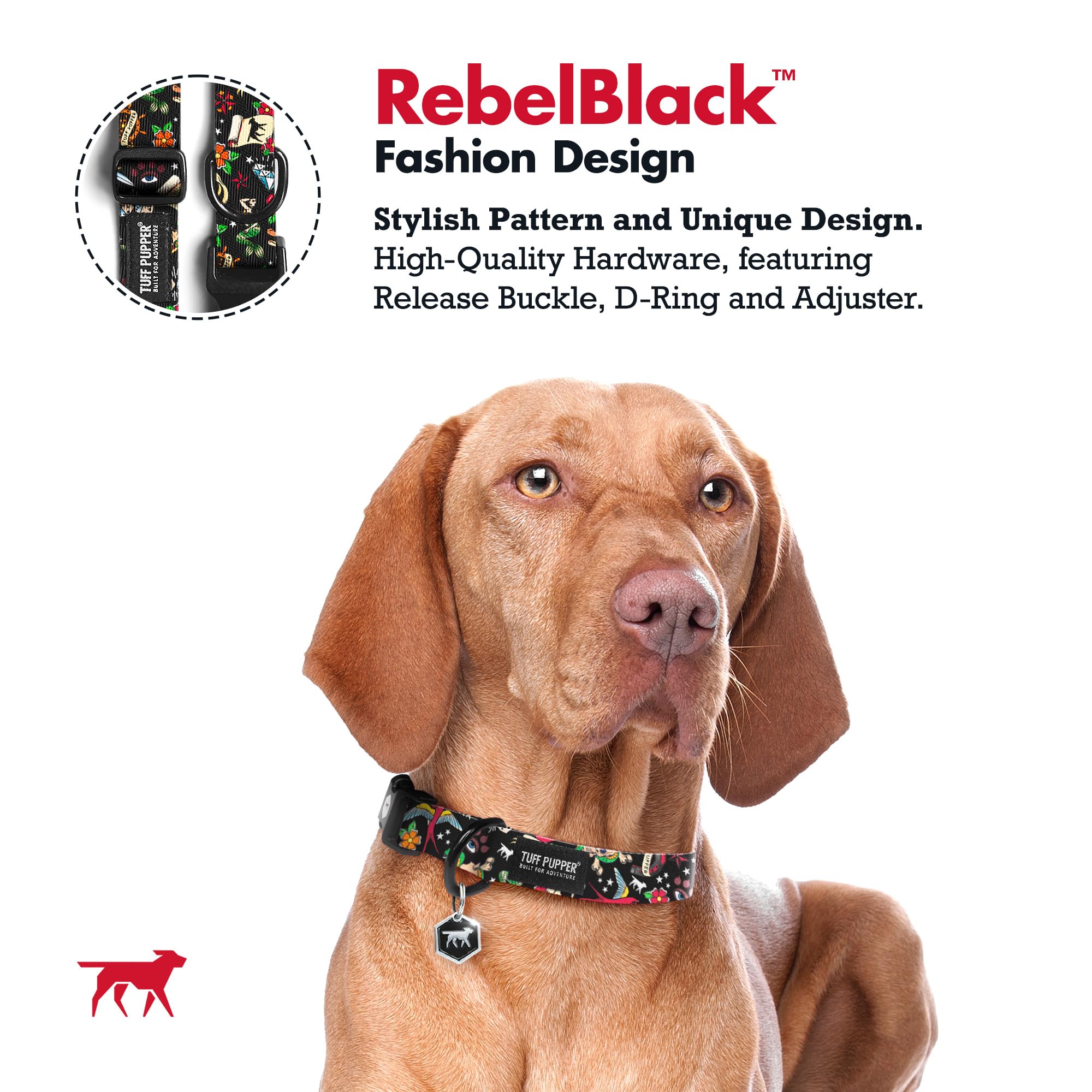 Tuff Pupper Premium Adjustable Dog Collar for Medium Dogs, Stylish Pattern Collars Designed in USA, Quick Release Buckle, RebelB