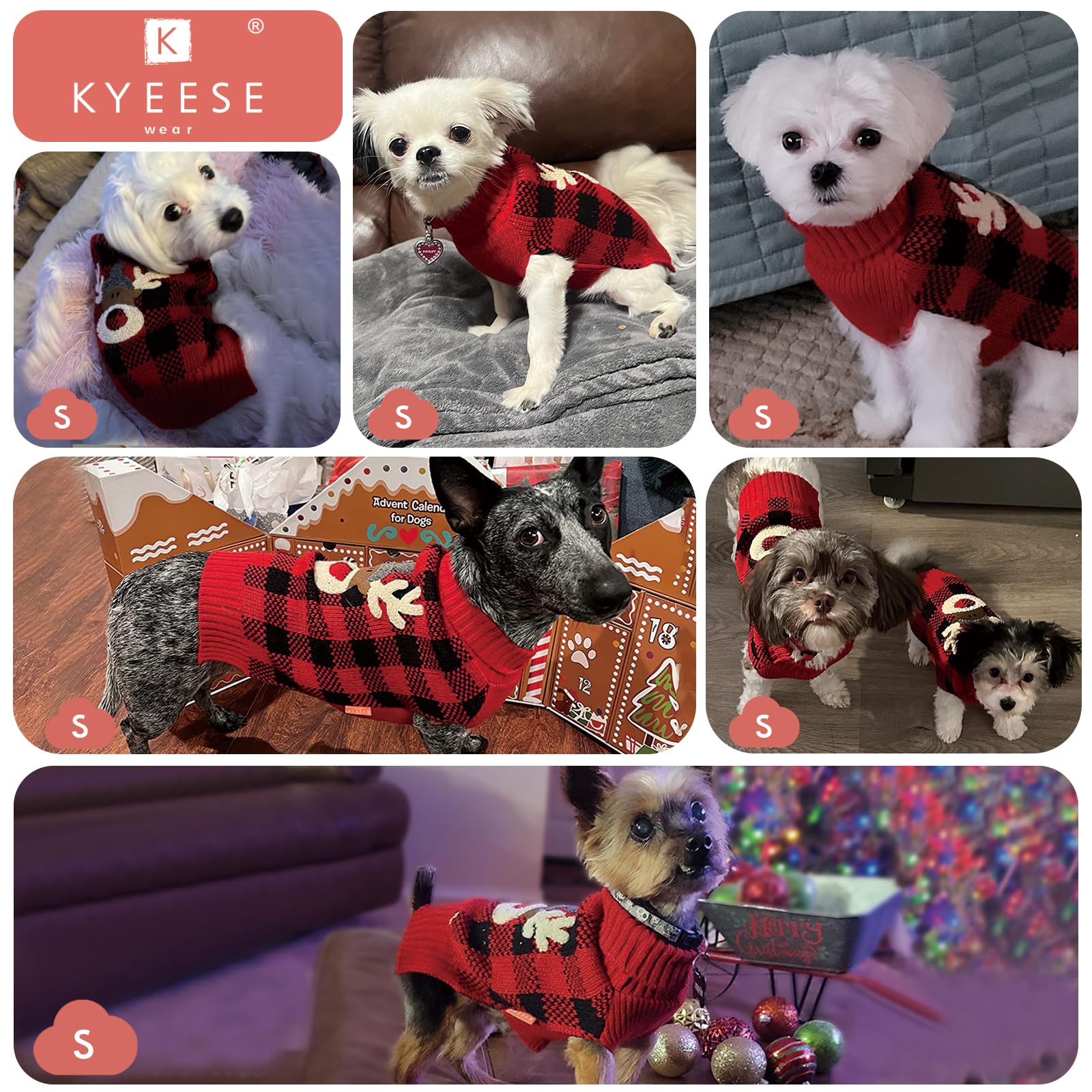 Kyeese Dog Christmas Sweater Reindeer Small Dogs Christmas Sweater Red Buffalo Check With Leash Hole Pet Sweater Dog Christmas O