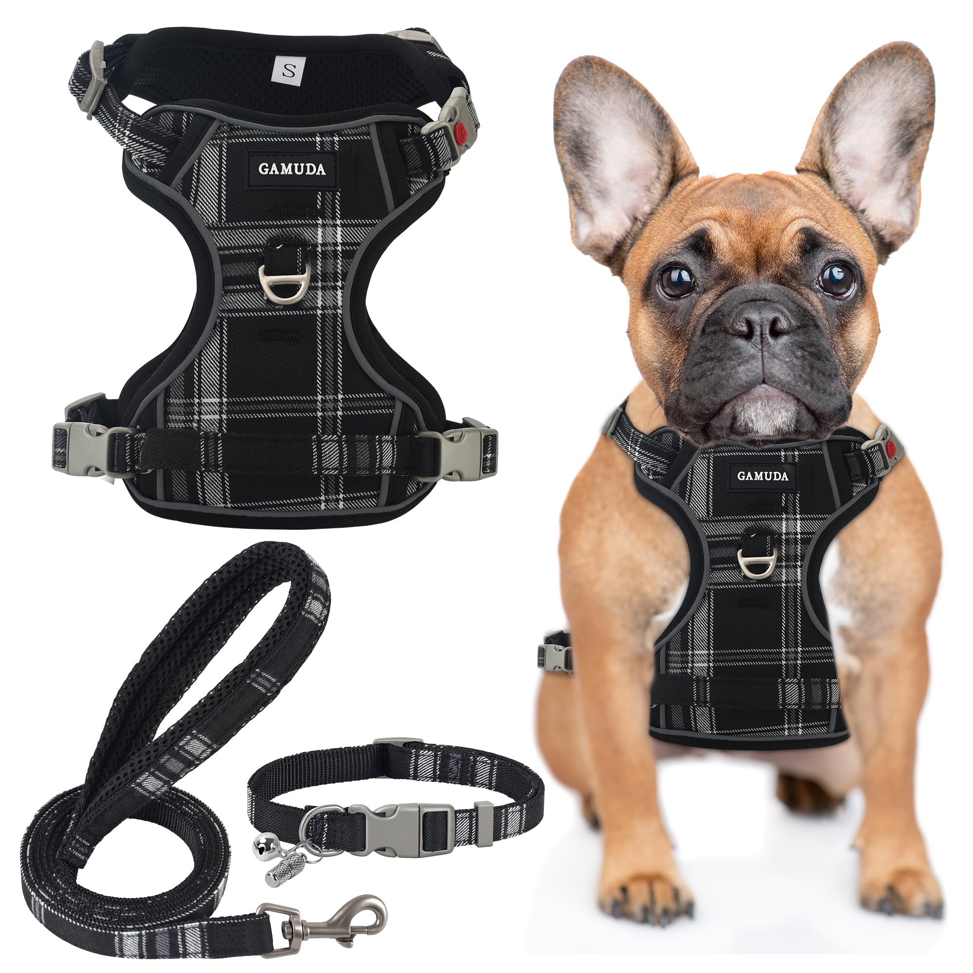GAMUDA Dog Harness Collar and Leash Set, Horse Care Sheets, No Chock No Pull Adjustable Vest Harnesses Plaid Reflective for Medi