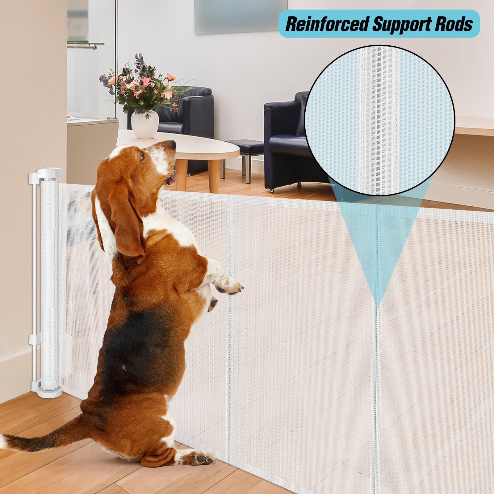 24 Inches Tall Retractable Dog Gate for The House, Short Baby Gates to Step Over, Extends up to 55'' Wide, Reinforced Mesh Puppy
