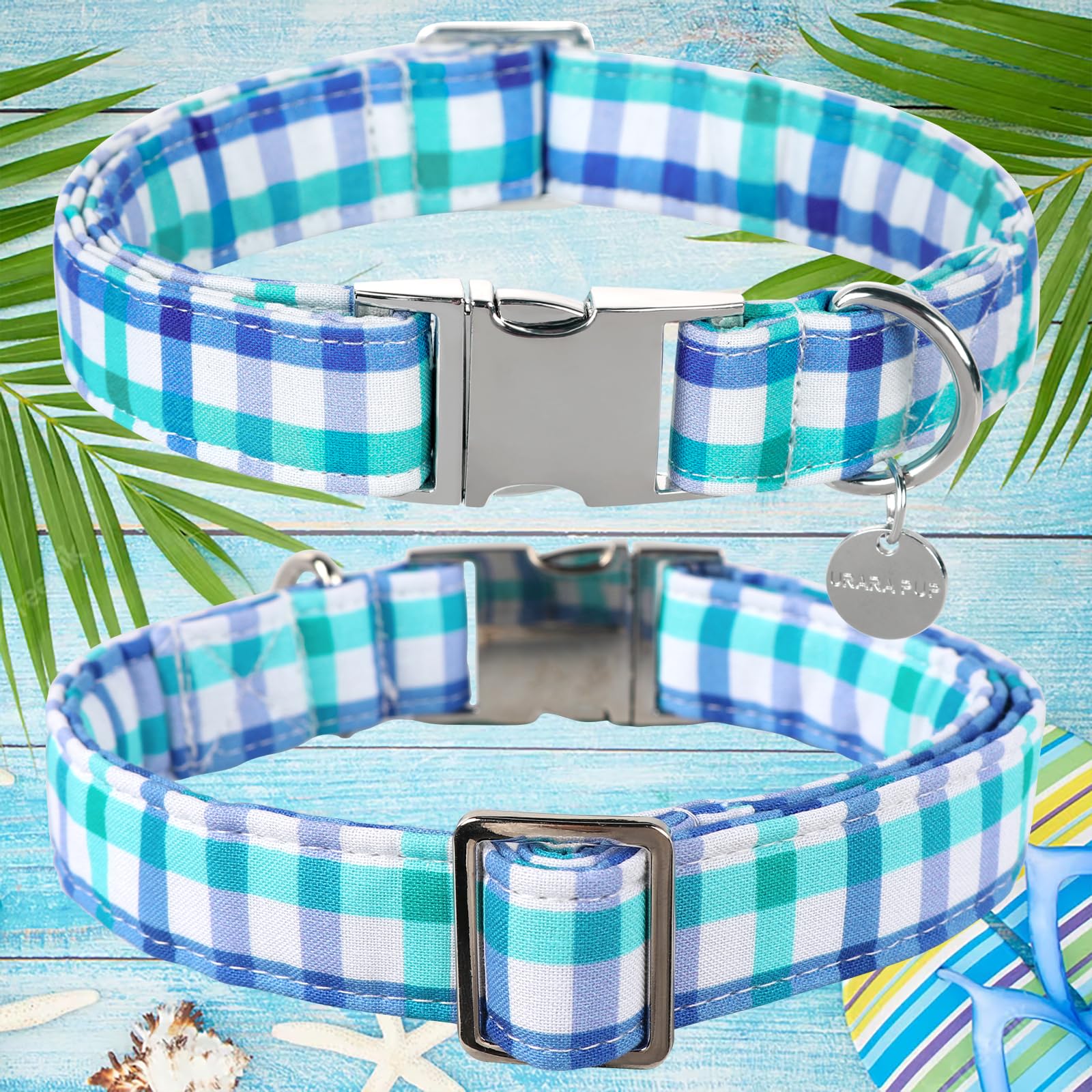 Up Urara Pup Blue Plaid Summer Cotton Dog Collar With Metal Buckle Gift Collar For Small Medium Large Girls Or Boys Dogs Cute Du