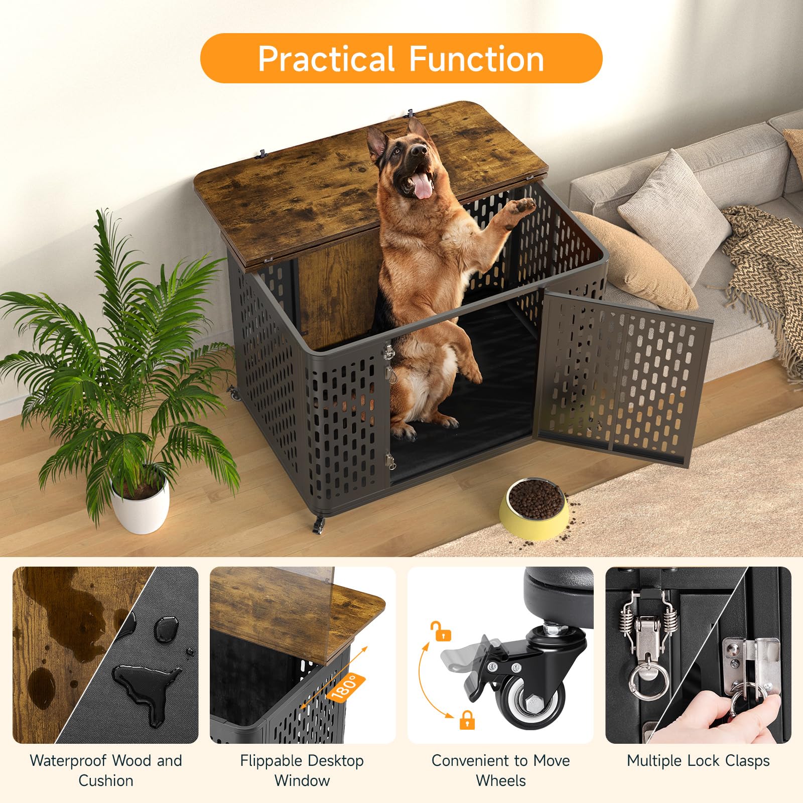 ONBRILL Heavy Duty Dog Crate for Large Dogs, 43.7" Escape Proof Kennel, Rustic Brown, Engineered Wood, Model OB-LTL-PET-003-A