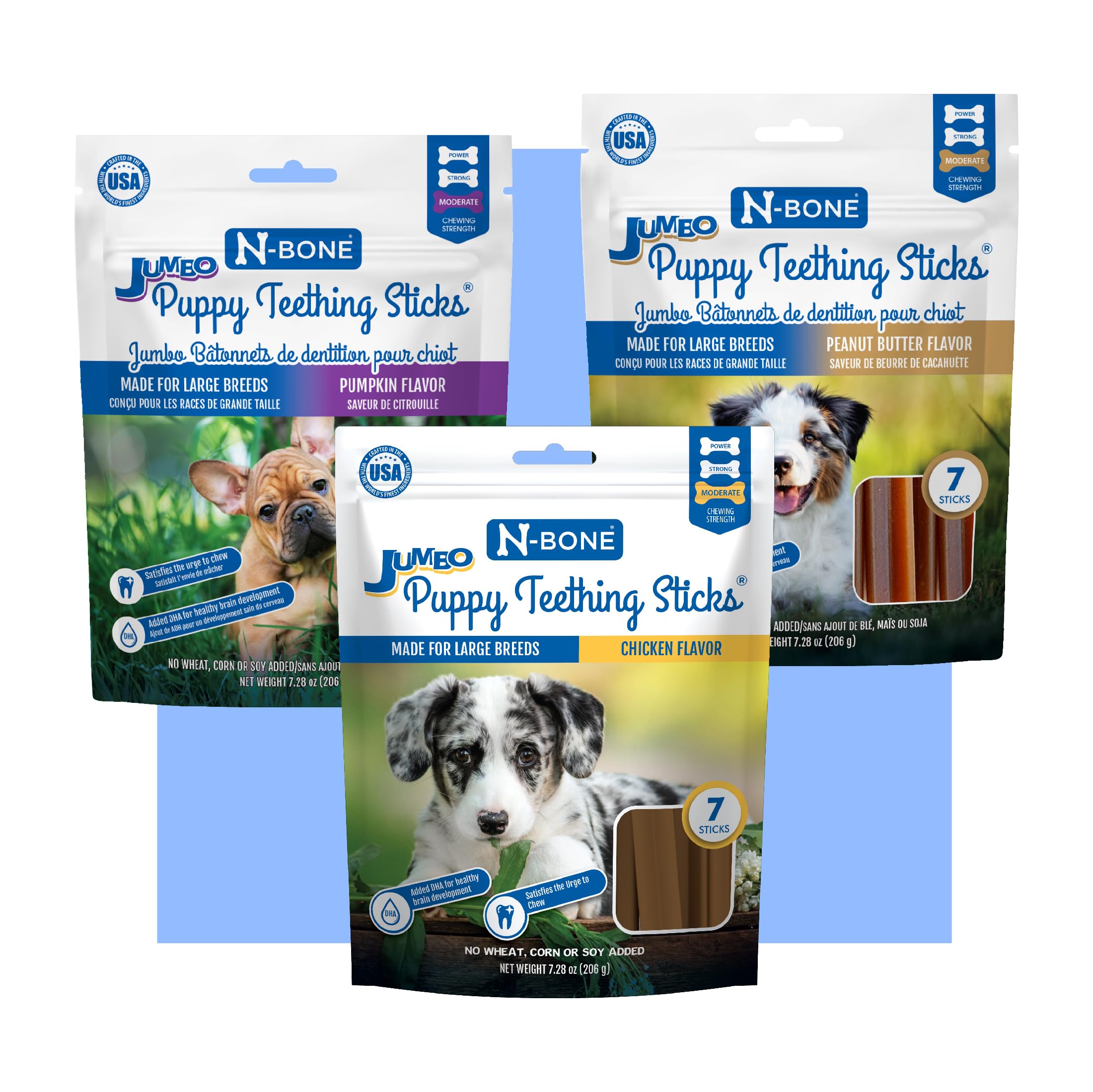 N-Bone Puppy Teething Sticks Jumbo 7 Count Bag Variety Pack, Chicken & Peanut Butter & Pumpkin Flavor, Total 3 Bags, 21.86-oz, 2