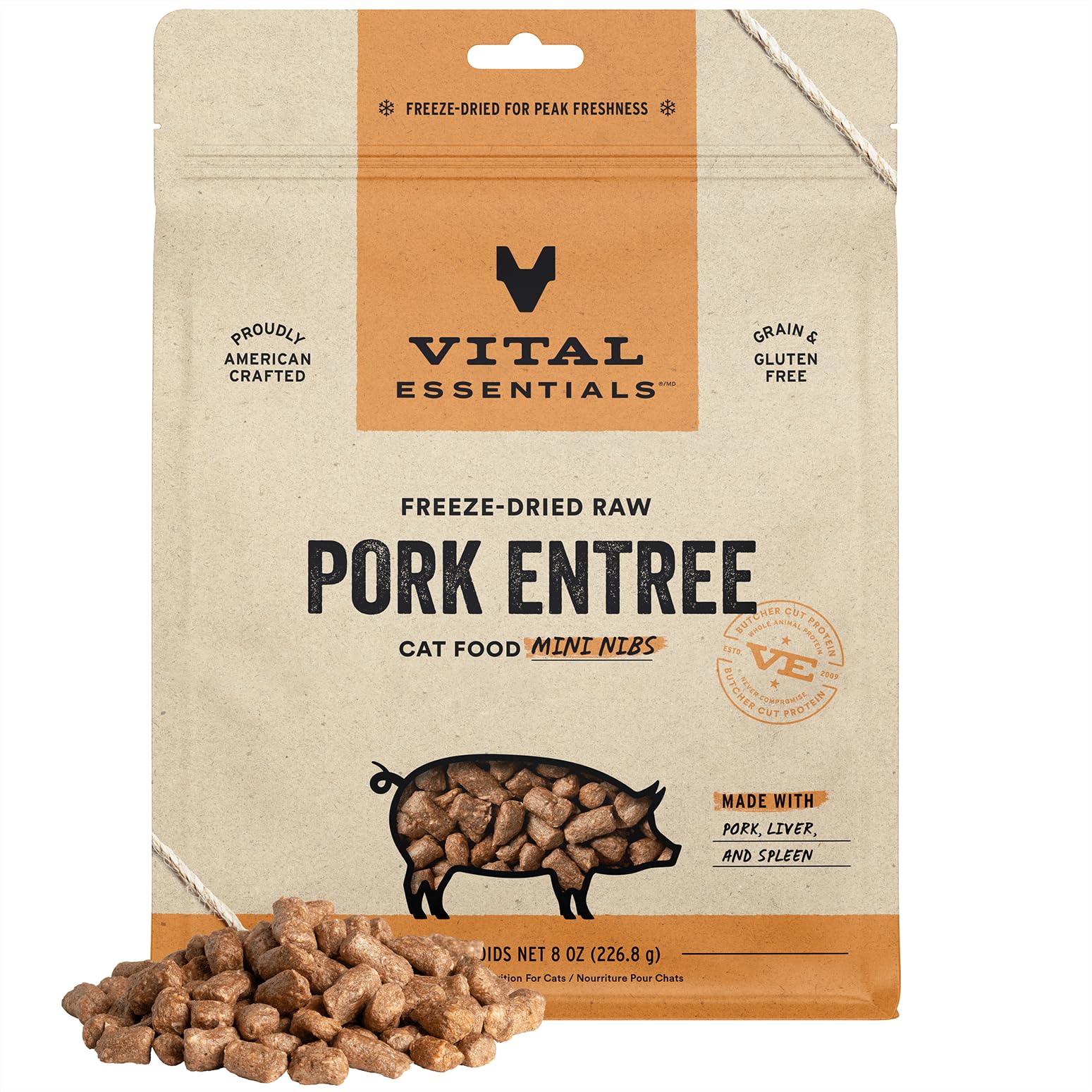 Vital Essentials Freeze Dried Raw Cat Food, Pork Mini Nibs Entree, 8 oz