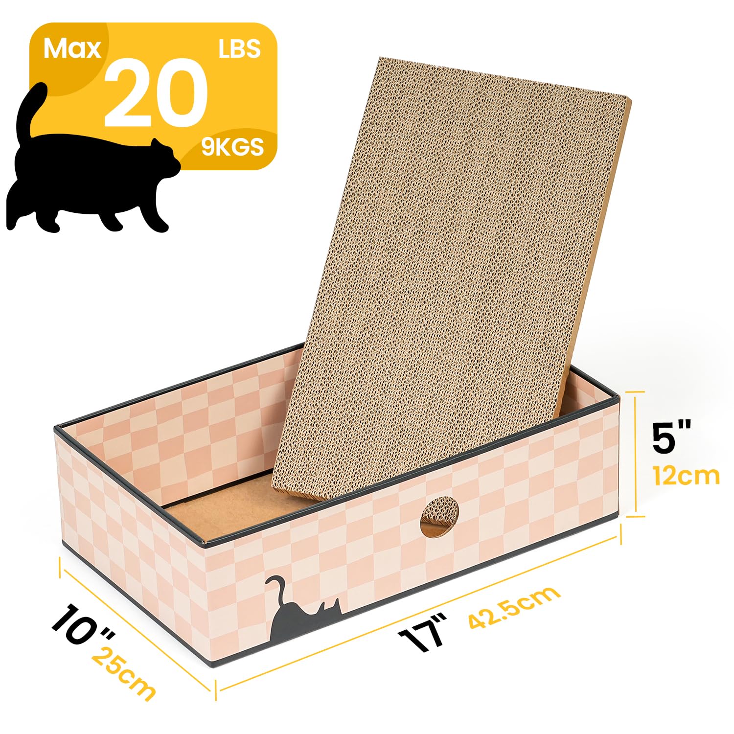 Conlun Cat Scratcher Box With 3-Layer Corrugated Board, Heavy-Duty Double-Sided Cardboard Cat Bed, Interactive Hole Design, Chec