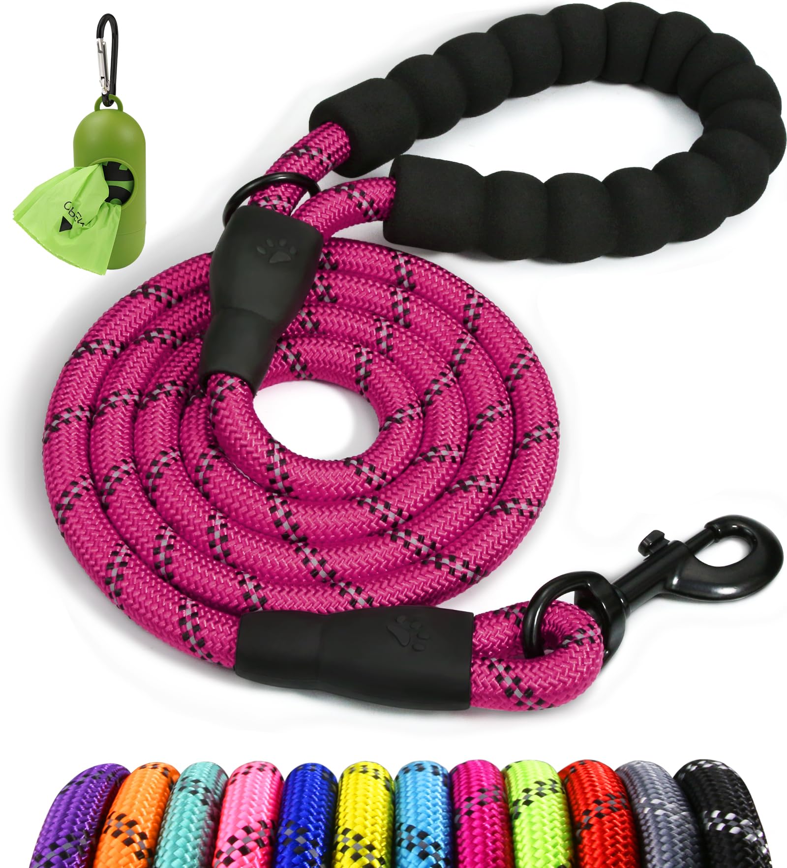 Taglory Rope Dog Leash 5 Ft With Comfortable Padded Handle, Highly Reflective Threads Leash For Small Dogs, 3/8 Inch, Hotpink