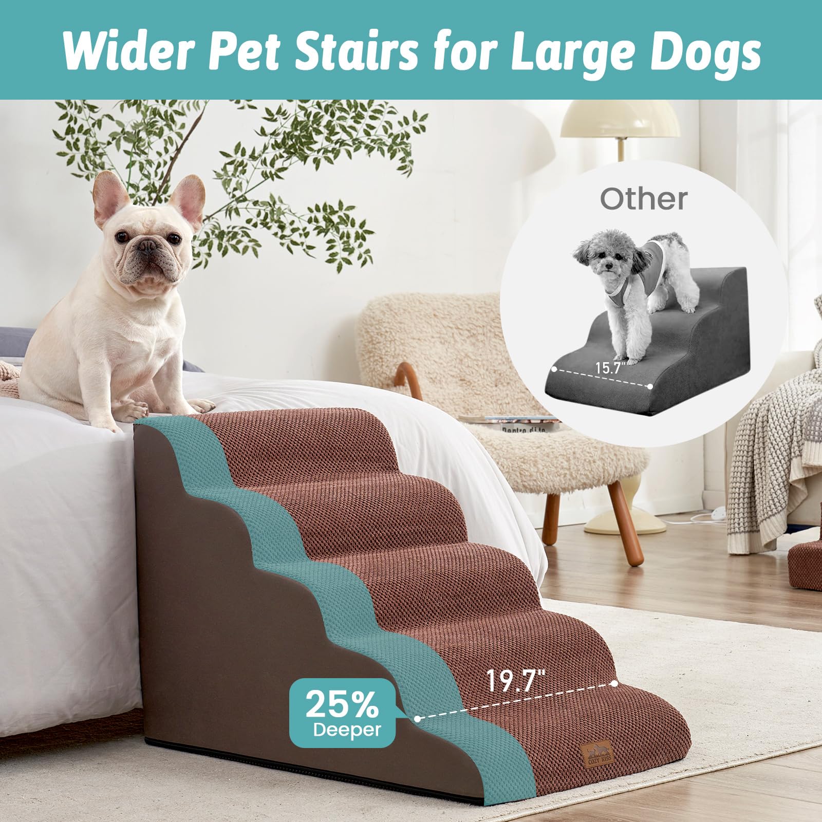 Cozy Kiss Wide Dog Stairs For Large Dogs 19.7'' Width, Dog Step For Small Dog, Puppy Or Cat, Medium Pet Ramp For High Bed Or Car