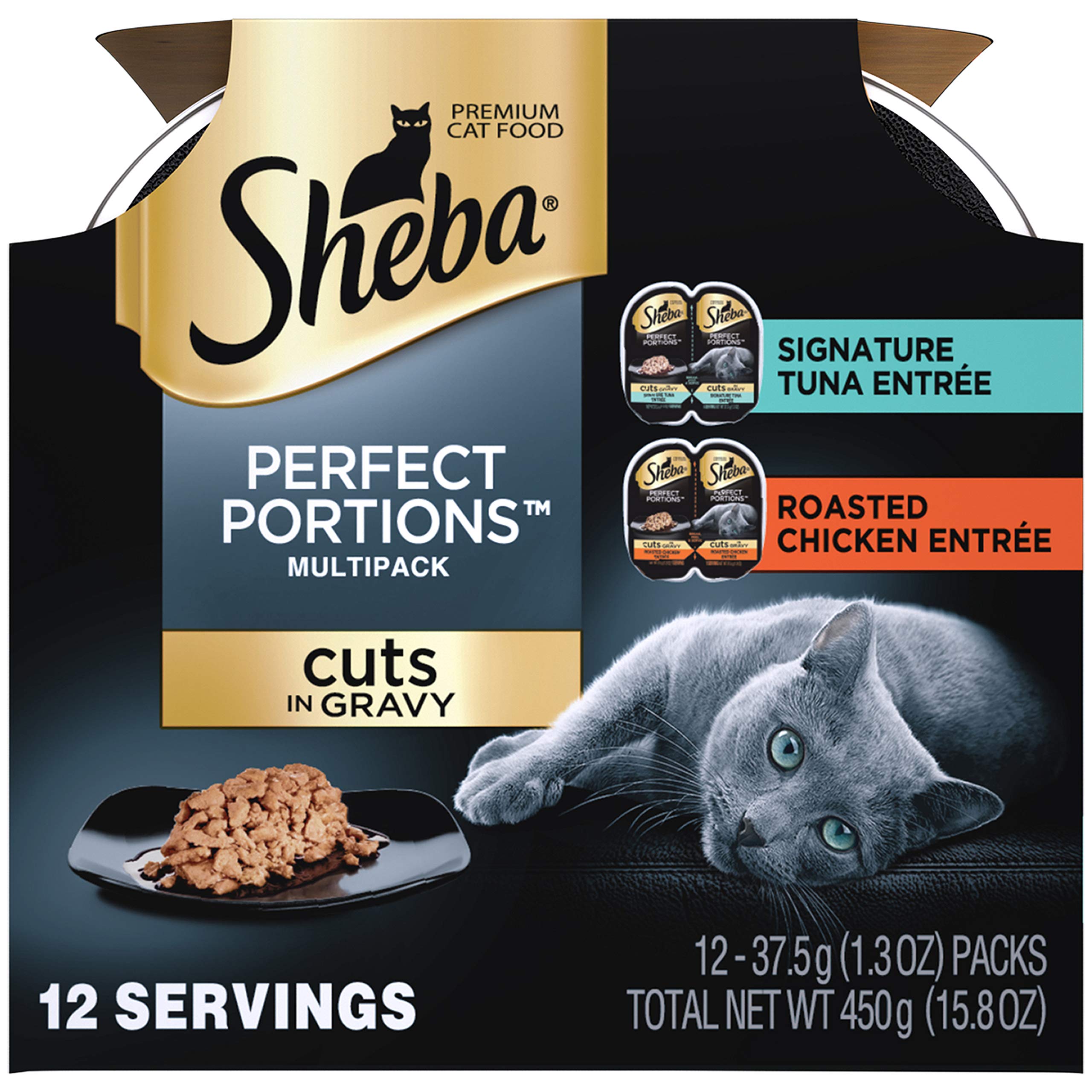 Sheba Perfect Portions Multipack Cuts in Gravy, Signature Tuna Entree, Roasted Chicken Entree (12 Individual Serving) (3Double