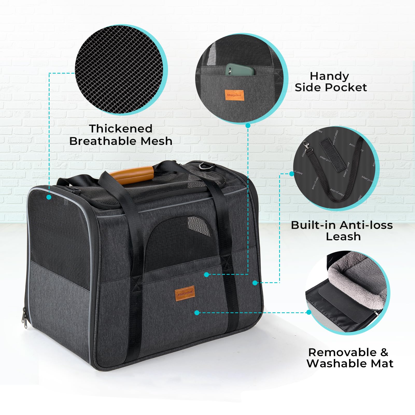 Morpilot Large Cat Carrier - Soft Sided Cat Carrier Large For Big Medium Cats And Puppy Up To 20Lbs, Pet Carrier With Safety Zippers, Foldable Bowl, Pet Travel Carrier Bag - Dark Gray Large