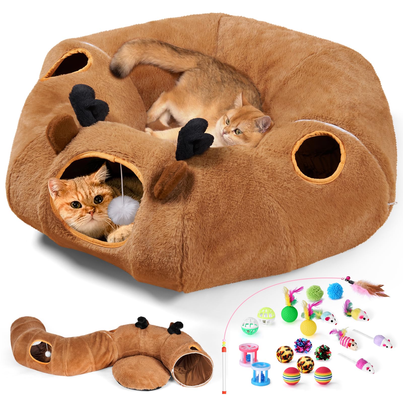 Odoland Reindeer Cat Tunnels Bed With 20 Kitten Toys For Indoor Cats, Plush Cats Couch Tunnel Bed - Kittens Cave Donut Tunnel - 