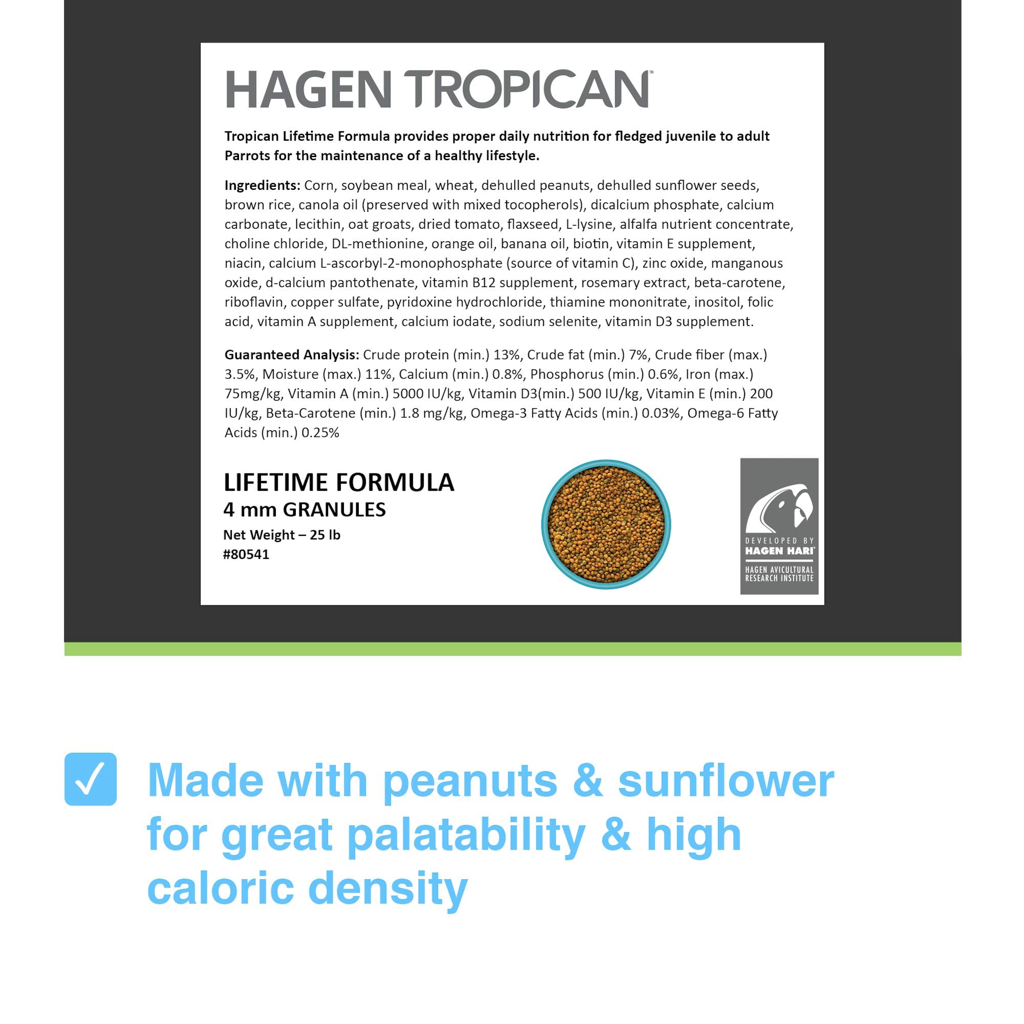 Hari Tropican Bird Food, Hagen Parrot Food with Peanuts & Sunflower Seeds, Maintenance Granuels, Lifetime Formula, 25 lb Bag