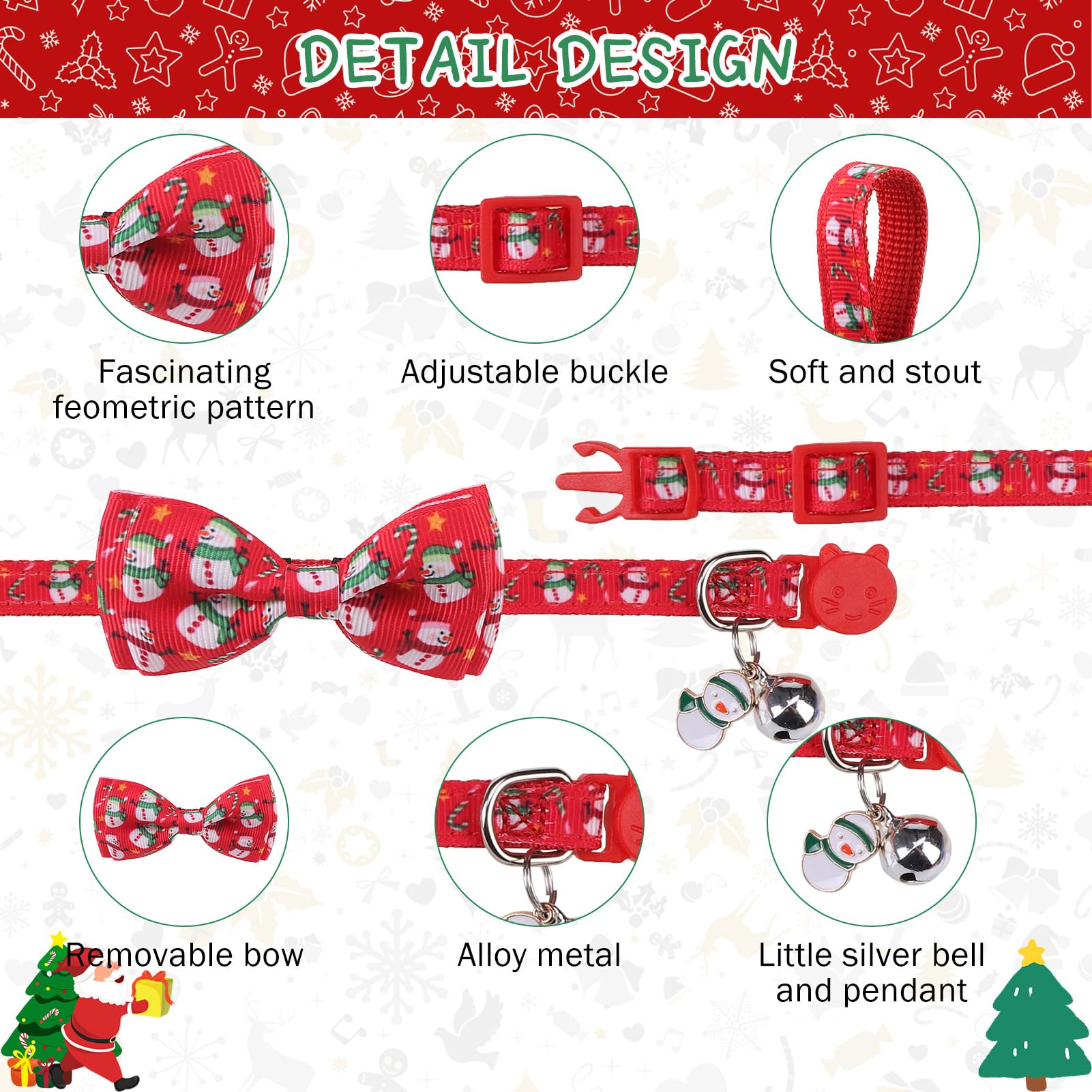 Scenereal Cat Collar Breakaway With Bell And Bowtie, 3 Pack Cute Holiday Cat Collars, Xmas Kitten Collar Adjustable Safety Buckl