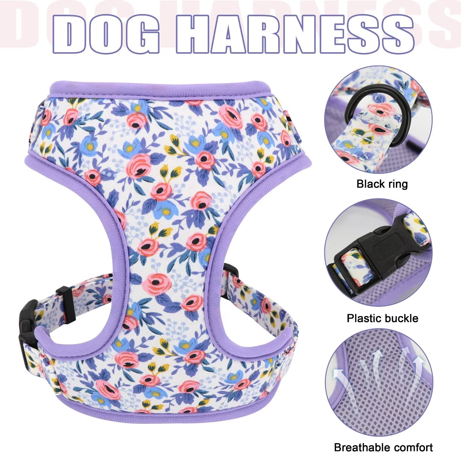 Beirui Cute Girl Dog Collars, Harnesses & Leashes Set - Adjustable Dog Collar And Leash Set With Flower - Soft Mesh Dog Vest Harness For Puppies Small Medium Dogs (Blue,S)