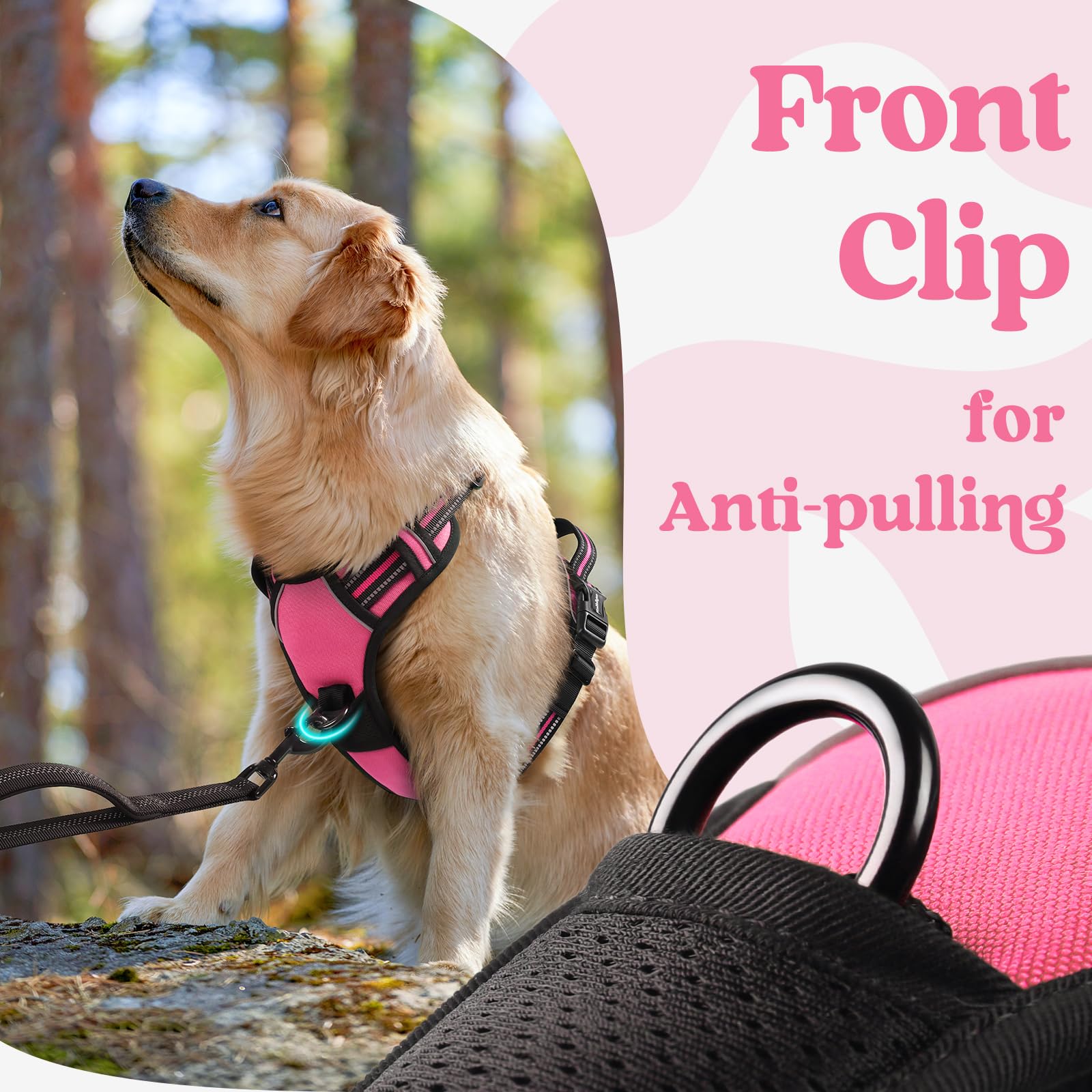 Rabbitgoo Dog Harness For Large, No Pull Pet Harness With 3 Buckles, Adjustable Soft Padded Pooch Vest With Instant Control Handle, Easy Walking Reflective Pet Vest For Large Dogs, Rose Pink, L