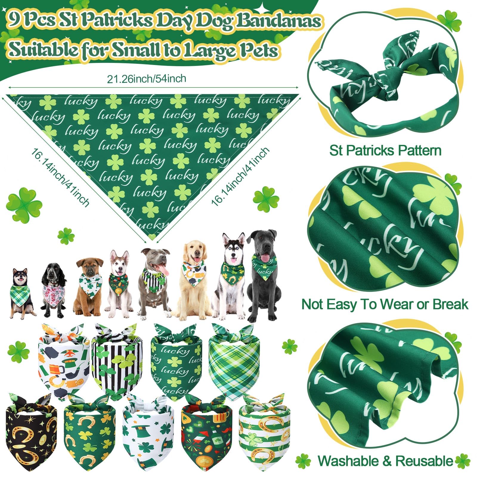 Wavwavw 18 Pcs St Patricks Day Dog Headband Green Shamrock Dog Bandanas Costume Buffalo Plaid Triangle Pet Scarf Adjustable Head