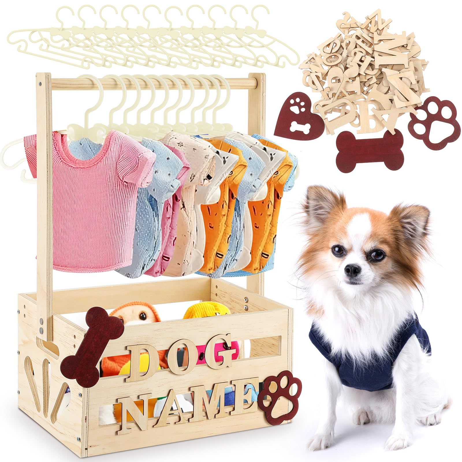 Teenyyou 20 x 13 x 9 Wooden Pet Wardrobe Closet Crate Box with Hanging Rods and Personalized Pet Alphabet Letters Easy Assembly 