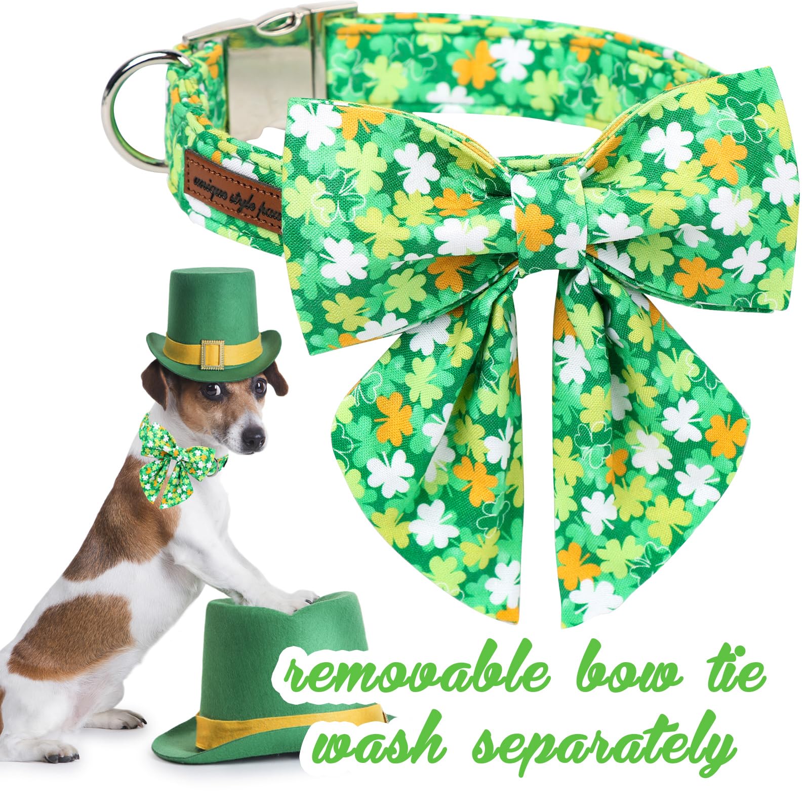 Unique Style Paws St. Patrick'S Day Dog Collar With Bow Clover Collar With Flower For Small Medium Large Boys Girls Dogs